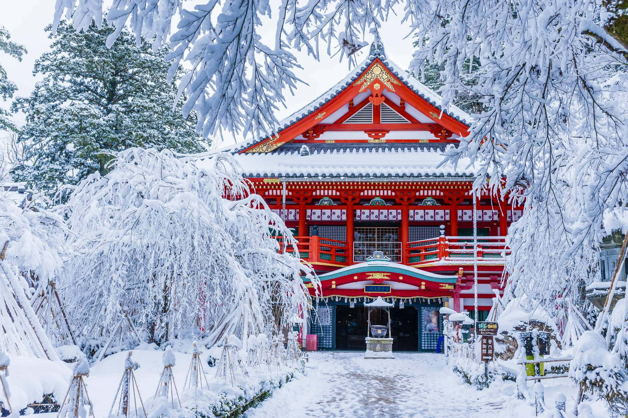 Best Winter 桌布 壁紙 — 一座鮮紅色的日本神社在厚雪中寧靜矗立，被霜凍的樹木環繞，宛如冬日仙境。