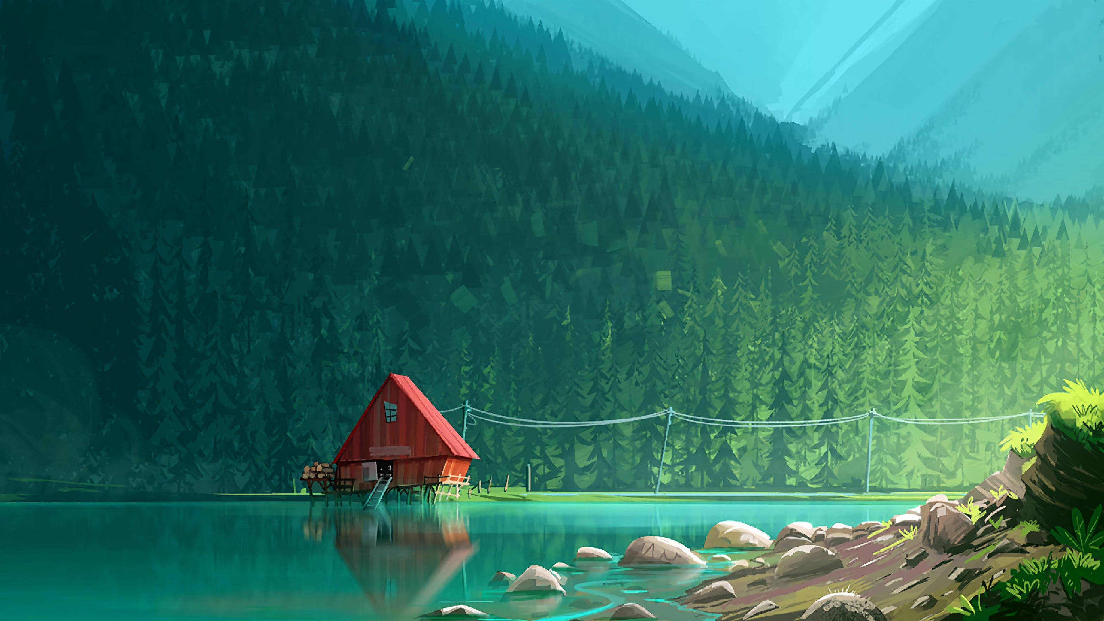 Minimalist Nature 桌布 壁紙 — 一座鮮紅色的木屋矗立在平靜的碧綠湖面上的高蹺上，周圍環繞著茂密的綠色森林和霧氣繚繞的山脈。