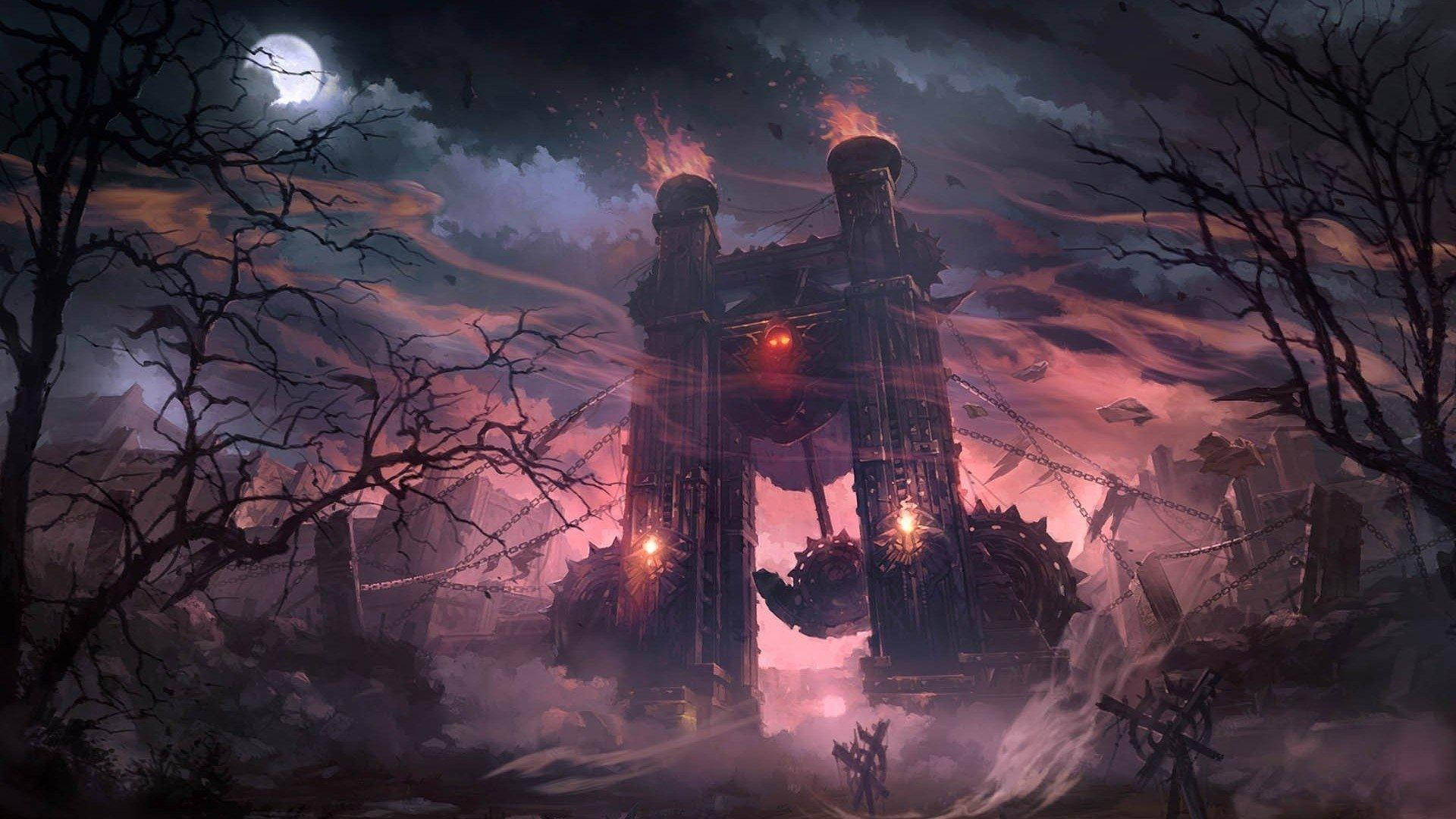 online 桌布 壁紙 — 一座黑暗奇幻堡壘，燃燒的塔樓和發光的紅色眼睛矗立在滿月下，周圍是荒蕪的樹木和旋轉的紫色煙霧。