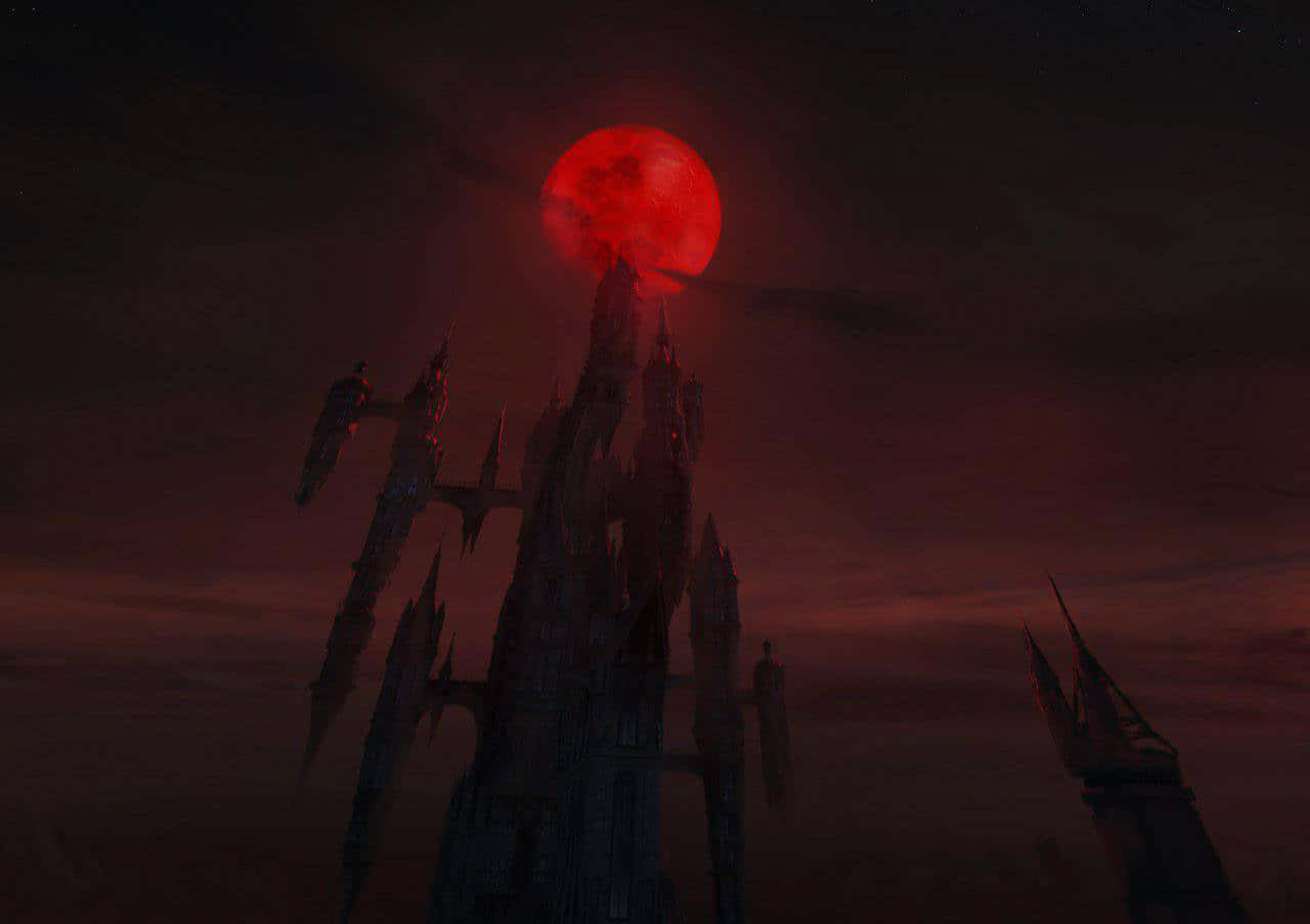 Castlevania 桌布 壁紙 — 一座黑暗的哥德式城堡刺穿血紅色的月光天空，構成令人難忘的奇幻場景。