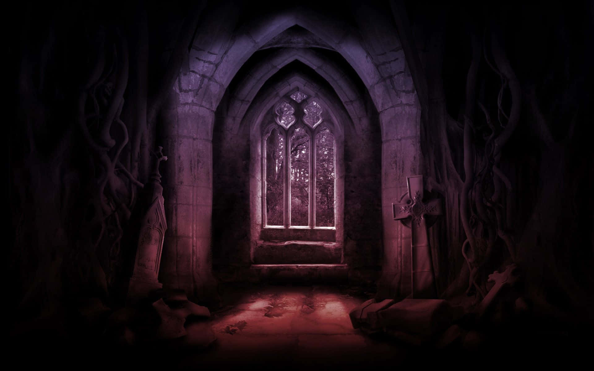 Cool Scary 桌布 壁紙 — 一座黑暗的哥德式石造小教堂，扭曲的樹根侵入牆壁，發光的彩色玻璃窗投射出詭異的紫色光芒。