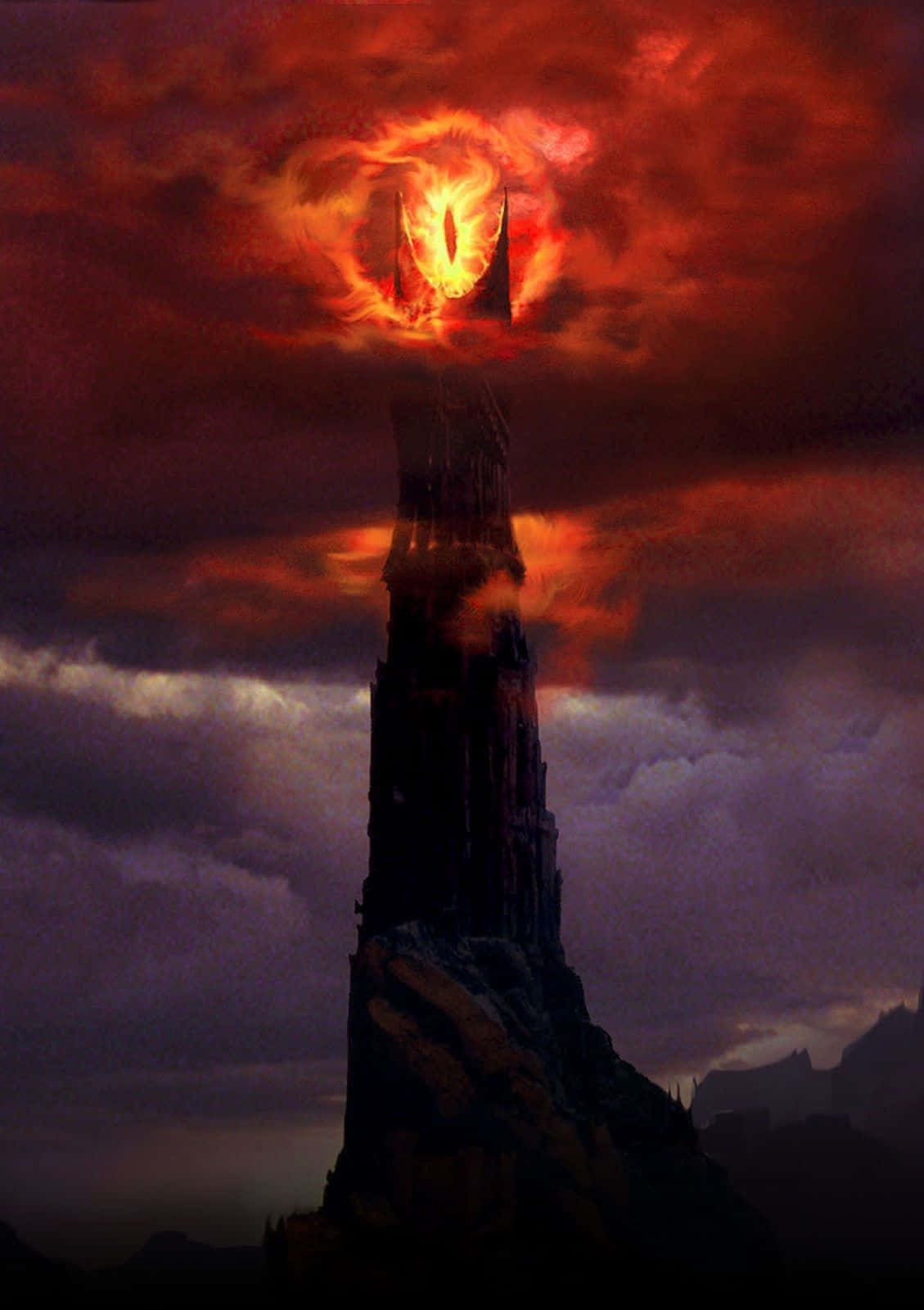 evil 桌布 壁紙 — 一座黑暗的塔樓刺穿暴風雨的天空，一隻火熱的眼睛在塔頂閃耀，映襯著血紅色的雲層。