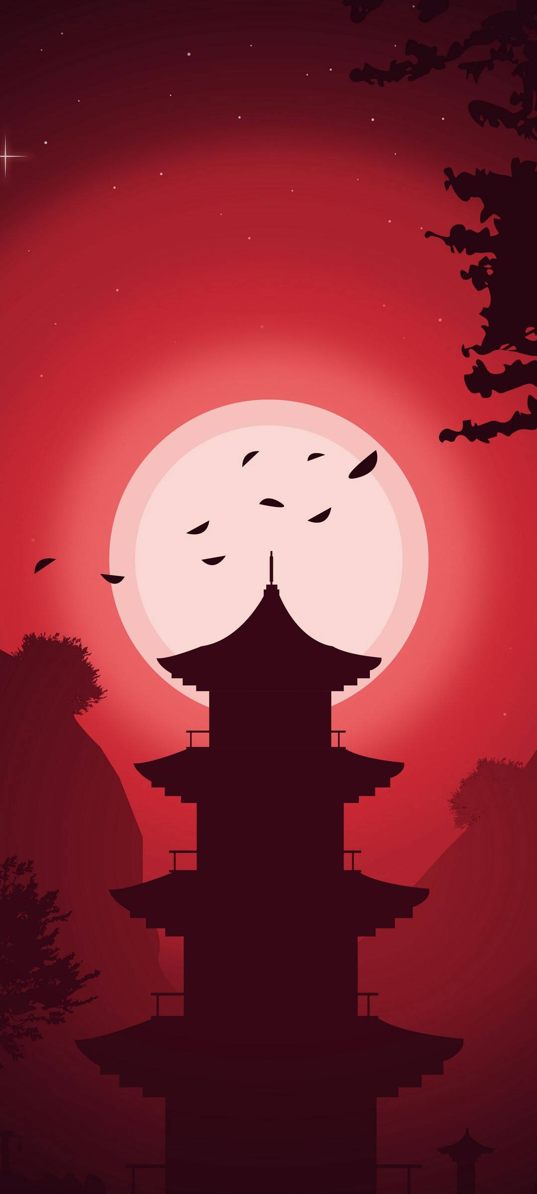 Silhouette 桌布 壁紙 — 一座黑暗的寶塔剪影矗立在發光的紅月亮前，飛鳥在繁星點點的夜空中翱翔。