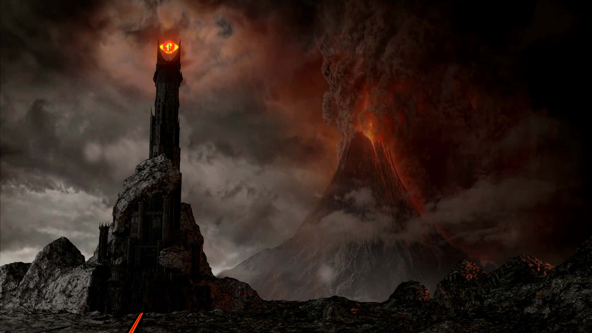 Lord Of The Rings Zoom 桌布 壁紙 — 一座黑暗的石塔，頂部有一隻發光的眼睛，矗立在噴發的火山前，背景是暴風雨的紅色天空。