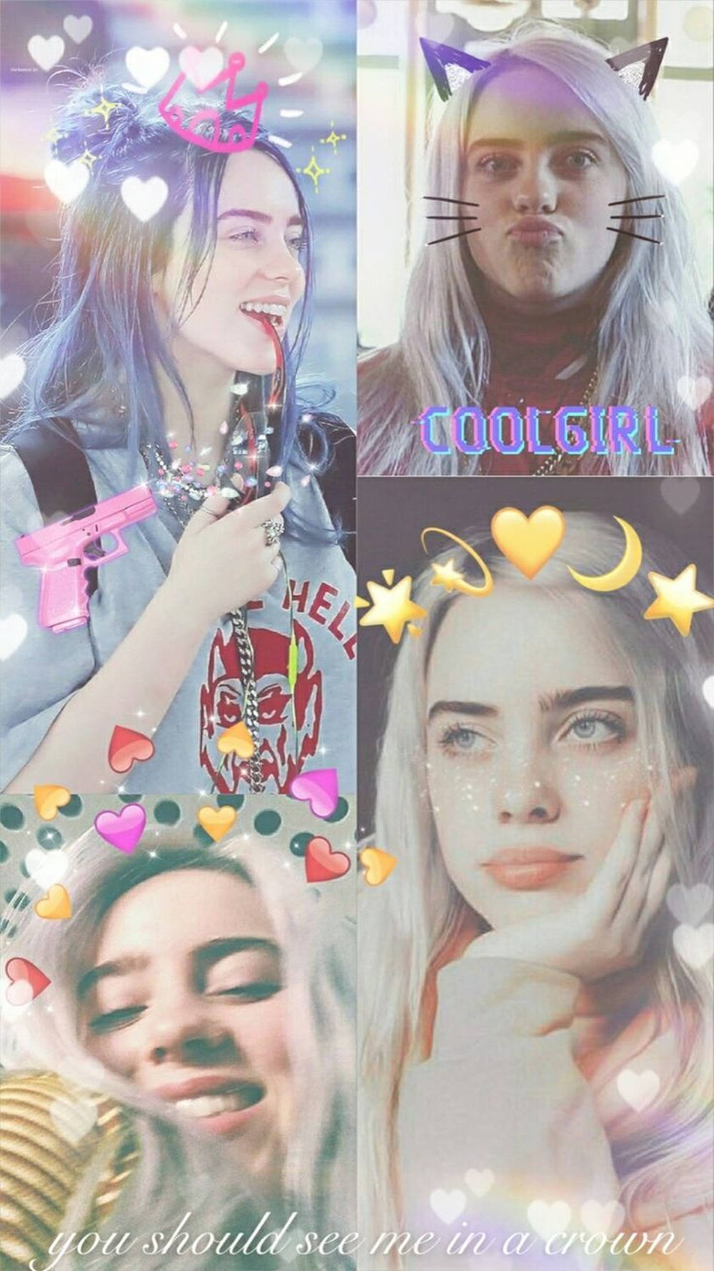 Billie Eilish 拼貼畫，帶有貓耳、愛心和星星