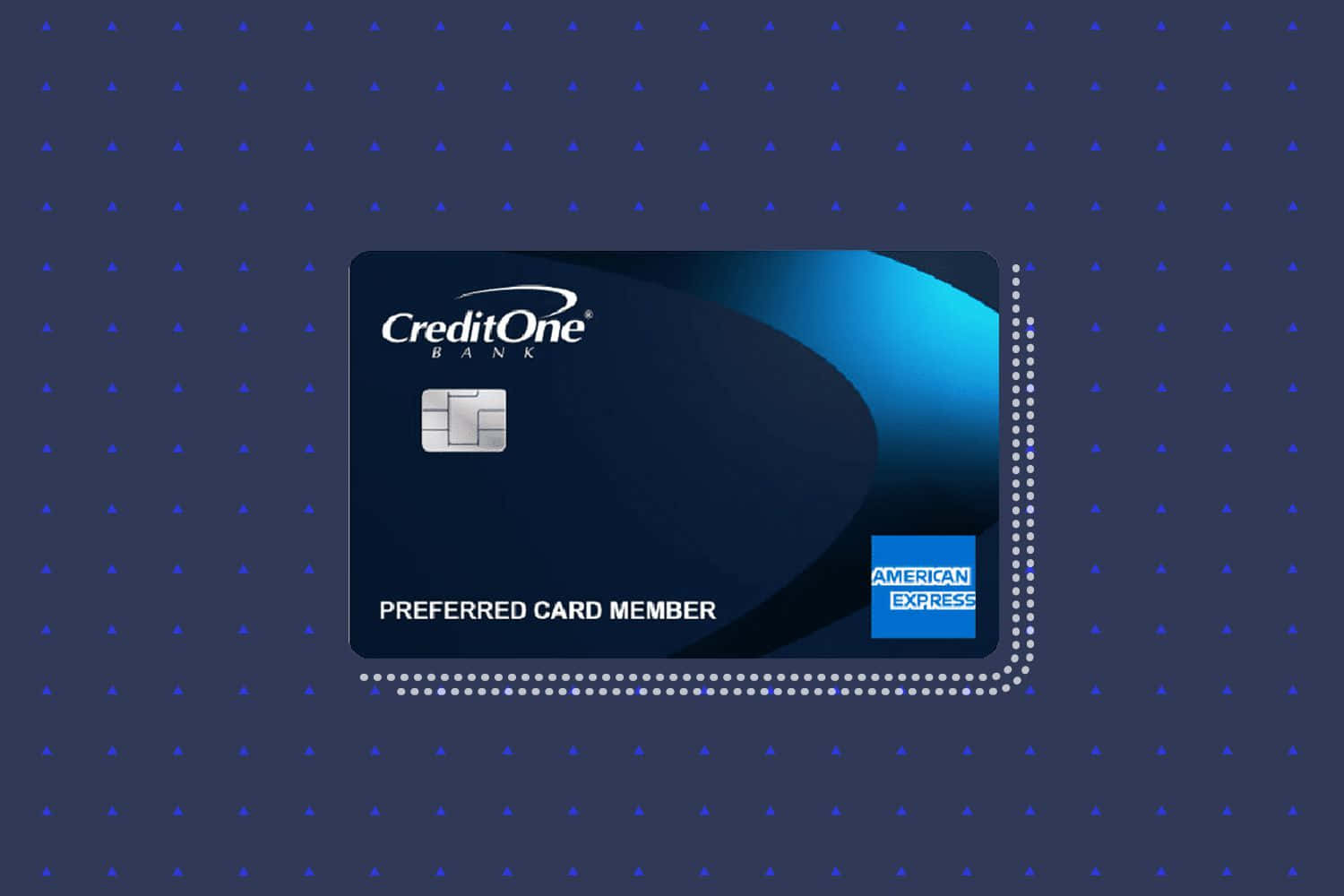 美國運通 桌布 壁紙 — 一張 CreditOne Bank American Express 信用卡，採用藍色漸層設計，居中放置在帶有圓點圖案的深藍色背景上。