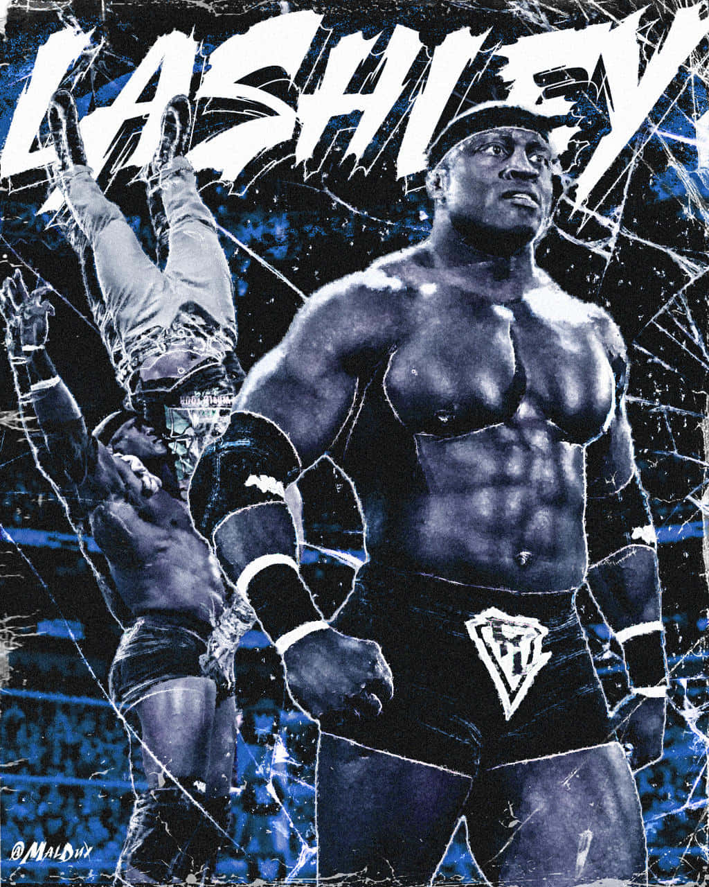 Fight 桌布 壁紙 — 一張 gritty 藍色調的摔角海報， featuring Lashley 以主導姿勢呈現，帶有碎玻璃效果和粗體字體。