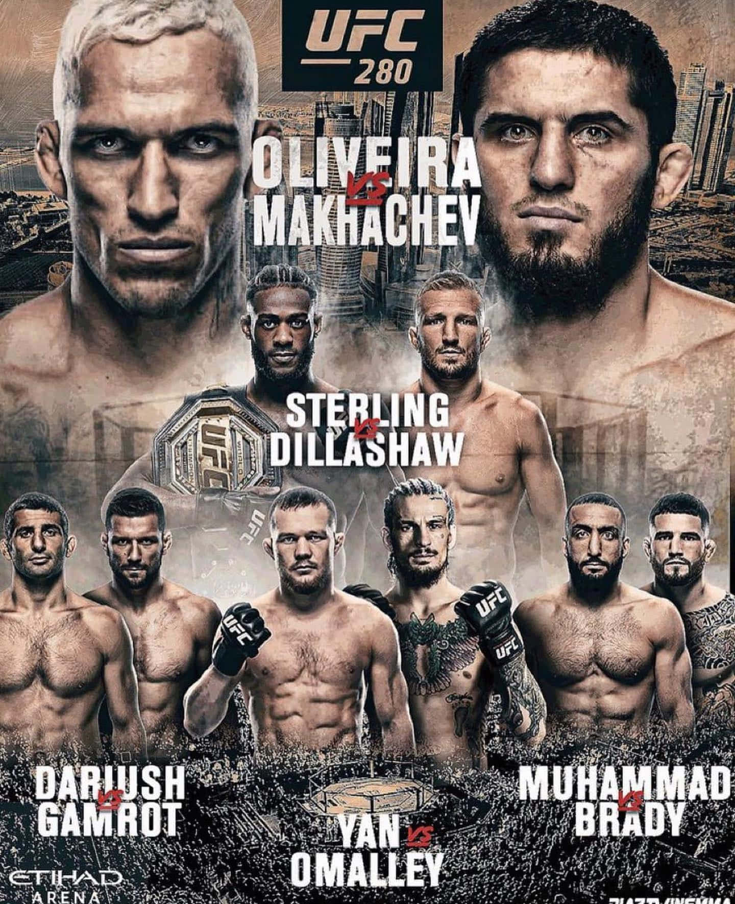 MMA 桌布 壁紙 — 一張 gritty 風格的 UFC 280 海報，八位拳手在都市背景下展現強烈表情。