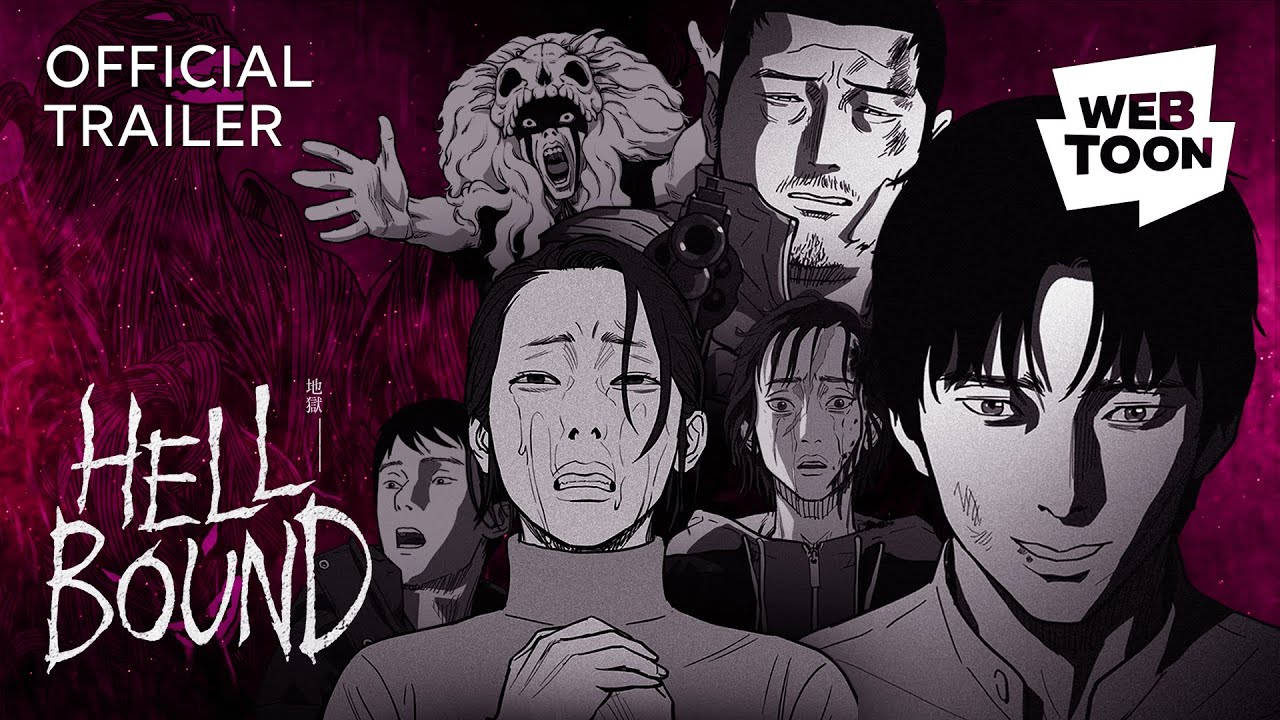 Hellbound 桌布 壁紙 — 一張《Hell Bound》的黑暗動畫海報，顯示受驚的角色在血紅色背景前面對怪物般的實體。
