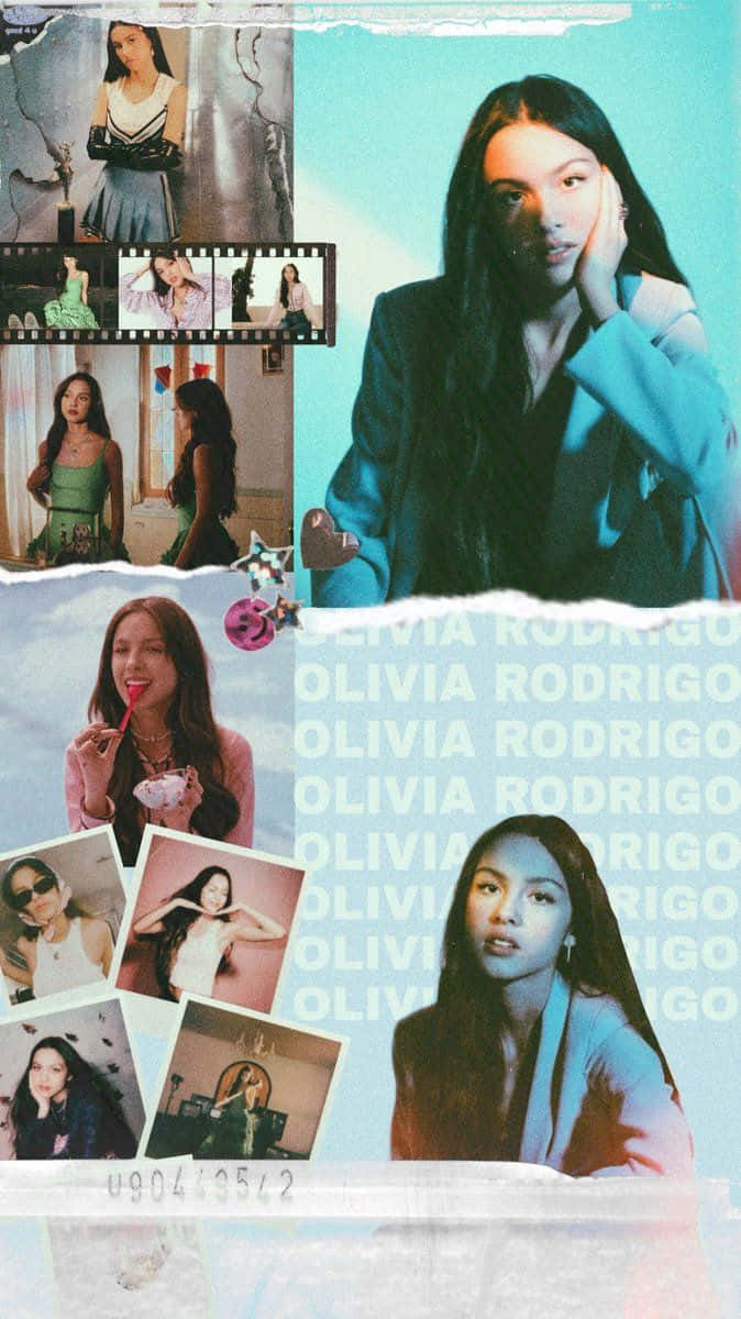 奧莉維亞·羅德里戈 桌布 壁紙 — 一張 Olivia Rodrigo 照片拼貼，邊緣撕裂，名字文字重複，背景為青綠色。