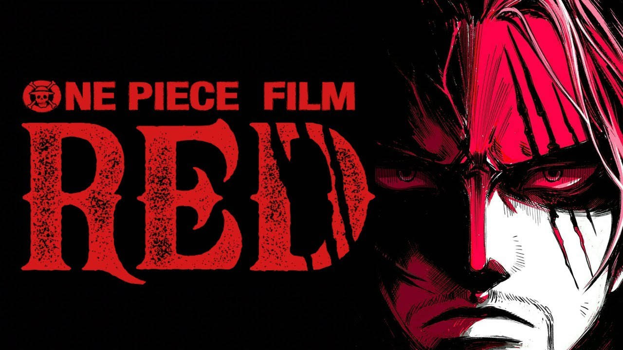 電影動圖 桌布 壁紙 — 一張《ONE PIECE FILM RED》的戲劇性動畫海報，紅髮角色在黑色背景上展現銳利眼神。