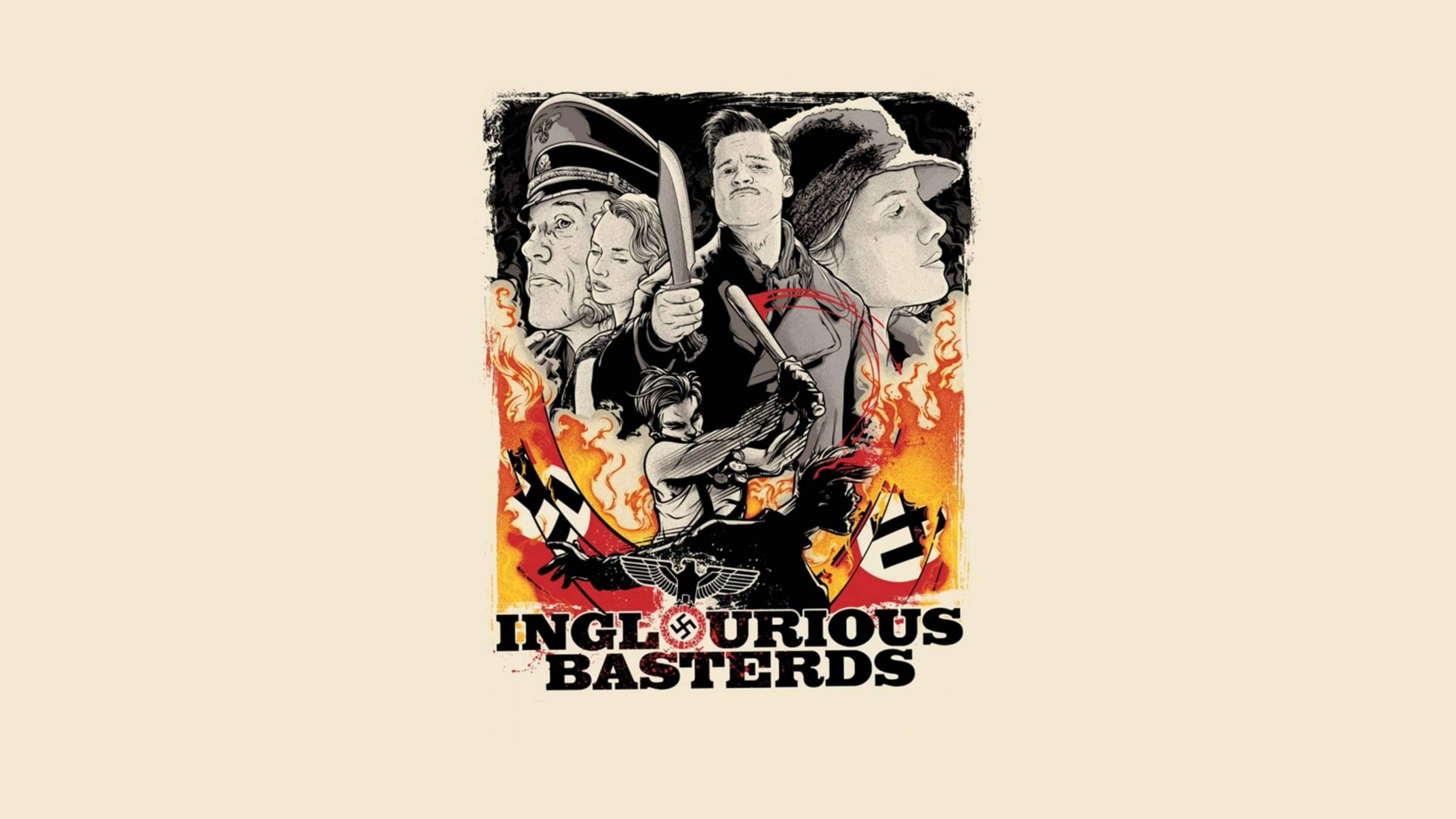 Inglourious Basterds 桌布 壁紙 — 一張《惡棍特工》的粗獷插畫電影海報，描繪了熾熱爆炸和納粹符號中的激烈角色。