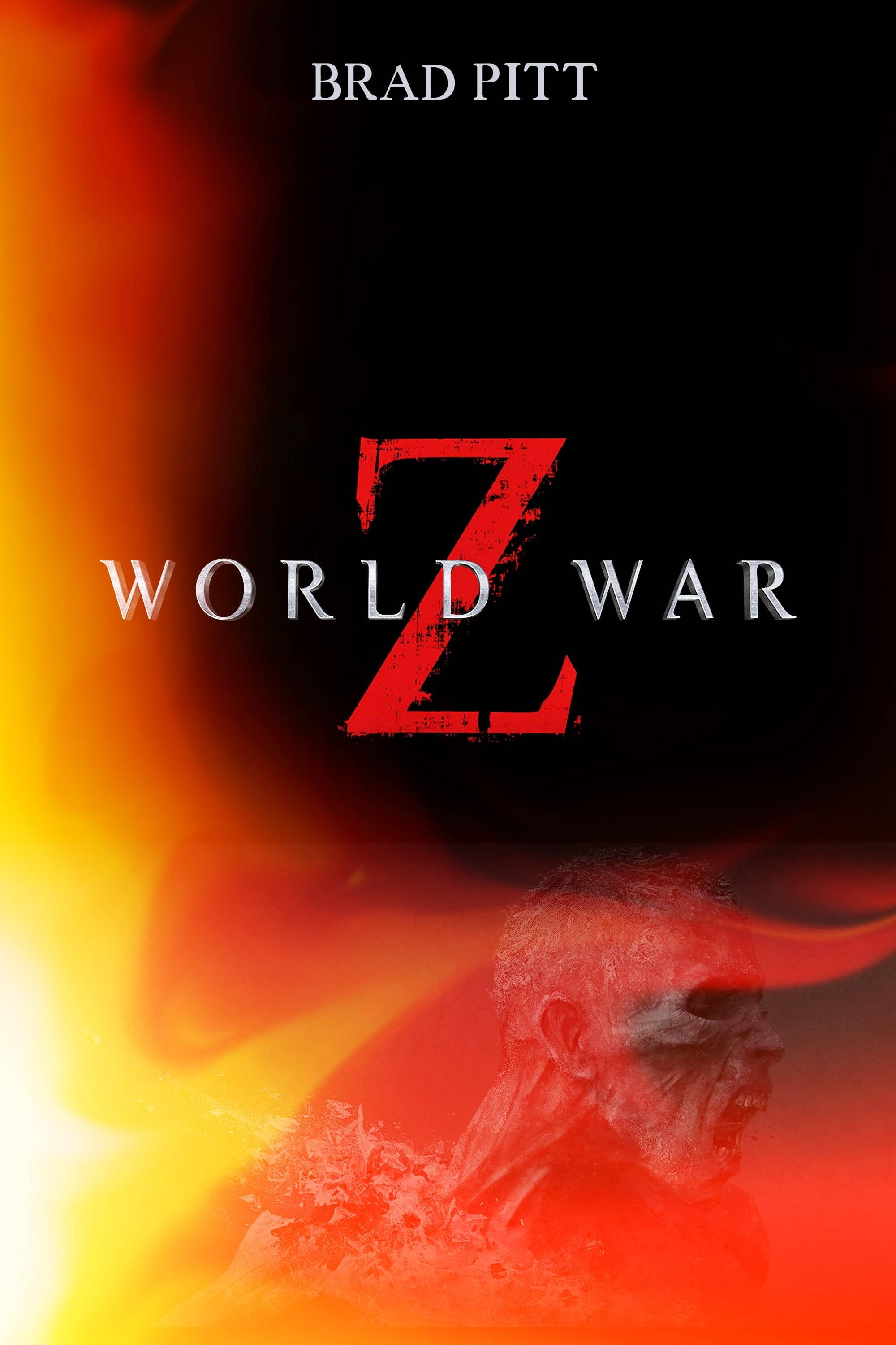 world war z 4K 桌布 壁紙 — 一張《末日之戰》的火熱電影海報，布萊德彼特主演，殭屍臉孔從火焰中浮現。