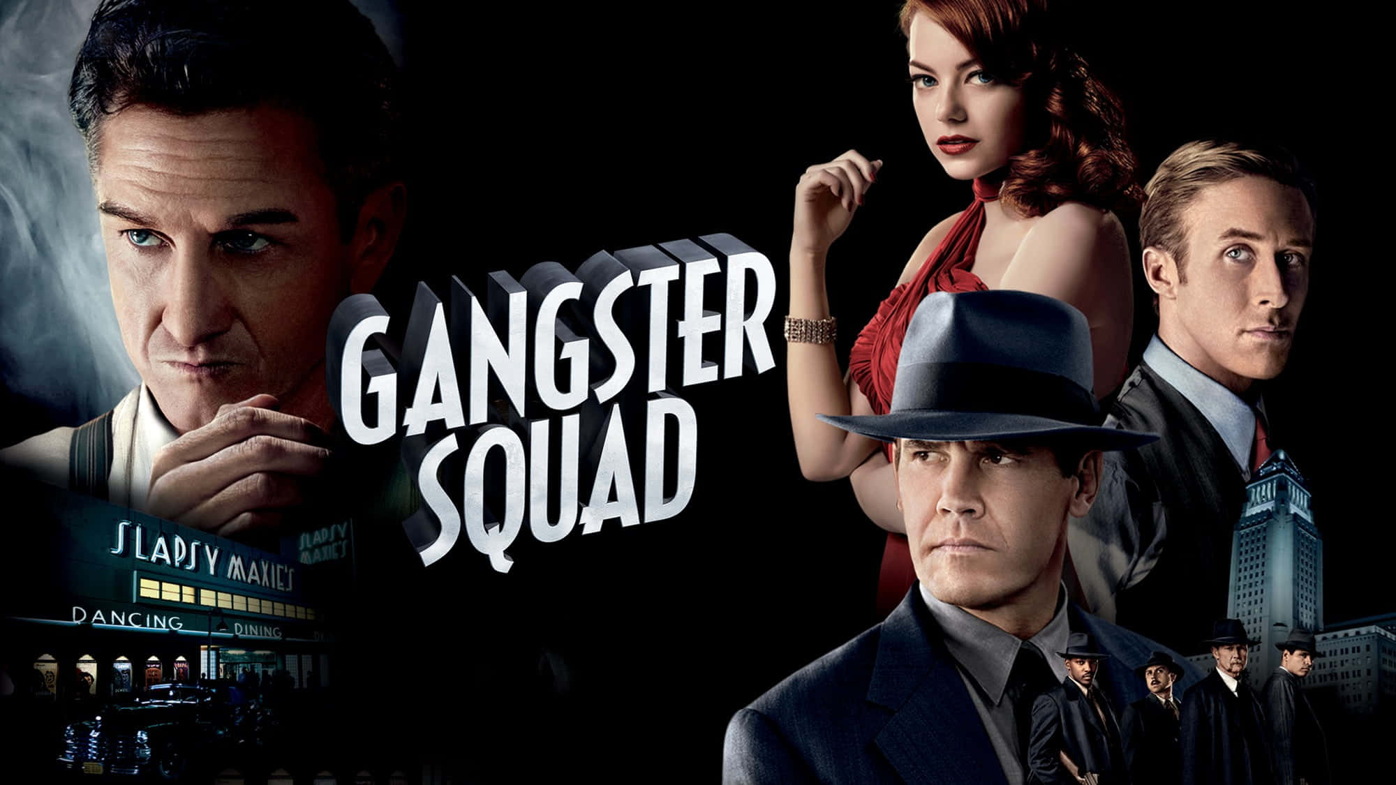 黑幫動圖 桌布 壁紙 — 一張《風雲男人幫》的戲劇性電影海報，四位主要角色身穿1940年代黑色電影服裝，背景是黑暗的城市天際線和霓虹燈招牌。