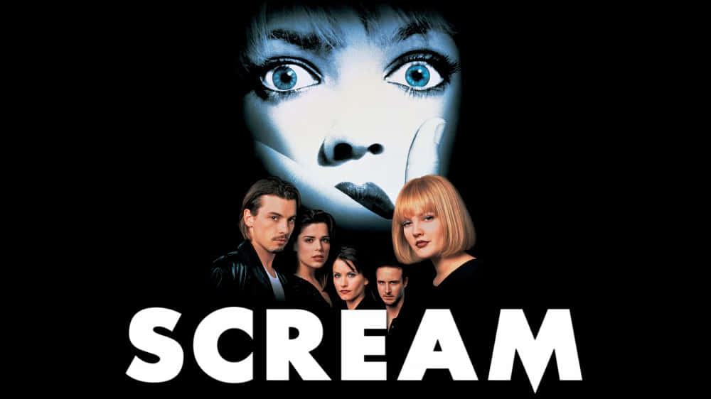 Scary Movies 桌布 壁紙 — 一張《驚聲尖叫》的恐怖電影海報，背景為黑色，一個鬼魅般的藍臉女人籠罩著五個驚恐的演員。