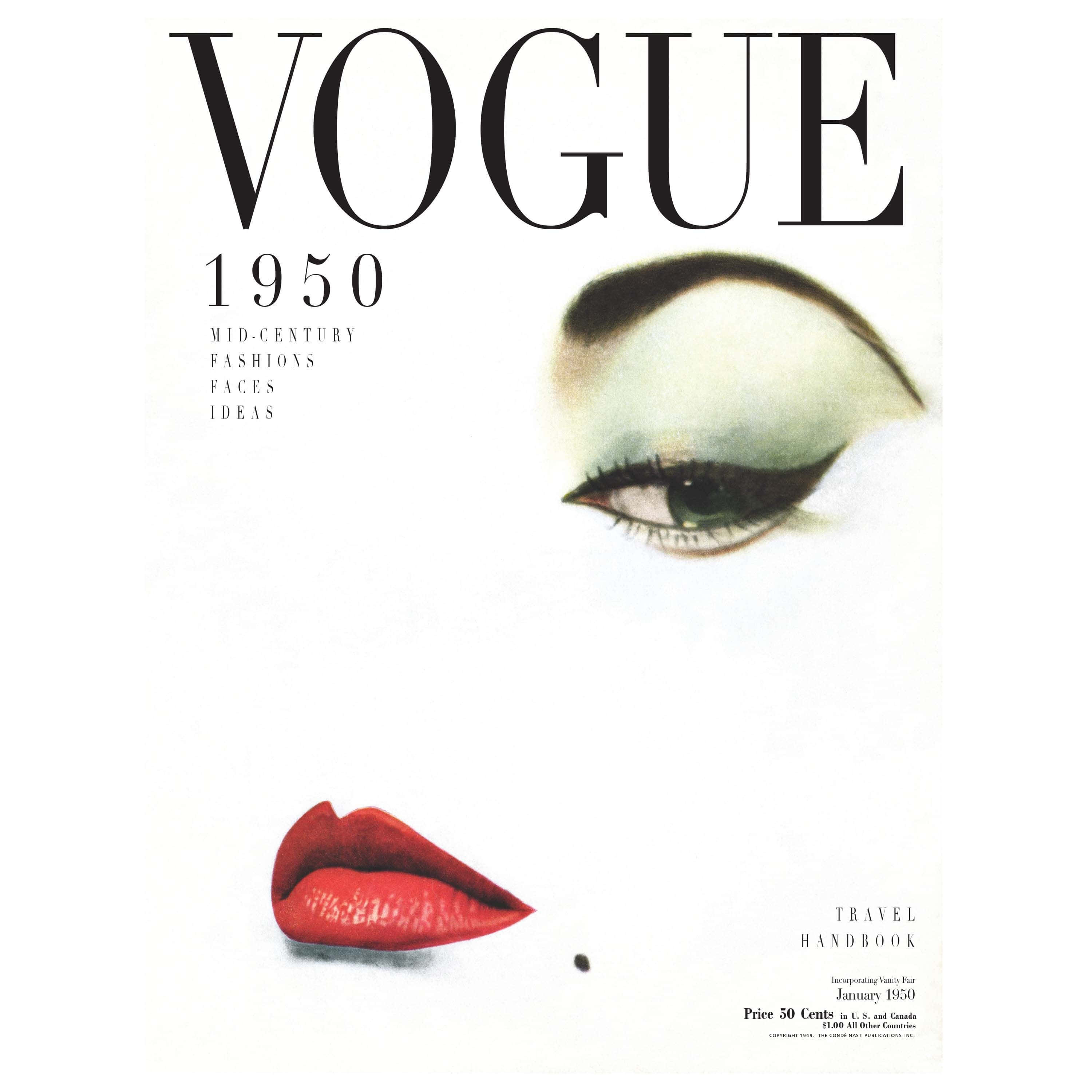 雜誌 桌布 壁紙 — 一張1950年復古Vogue封面，特寫女性眼睛和嘴唇，背景為純白色。