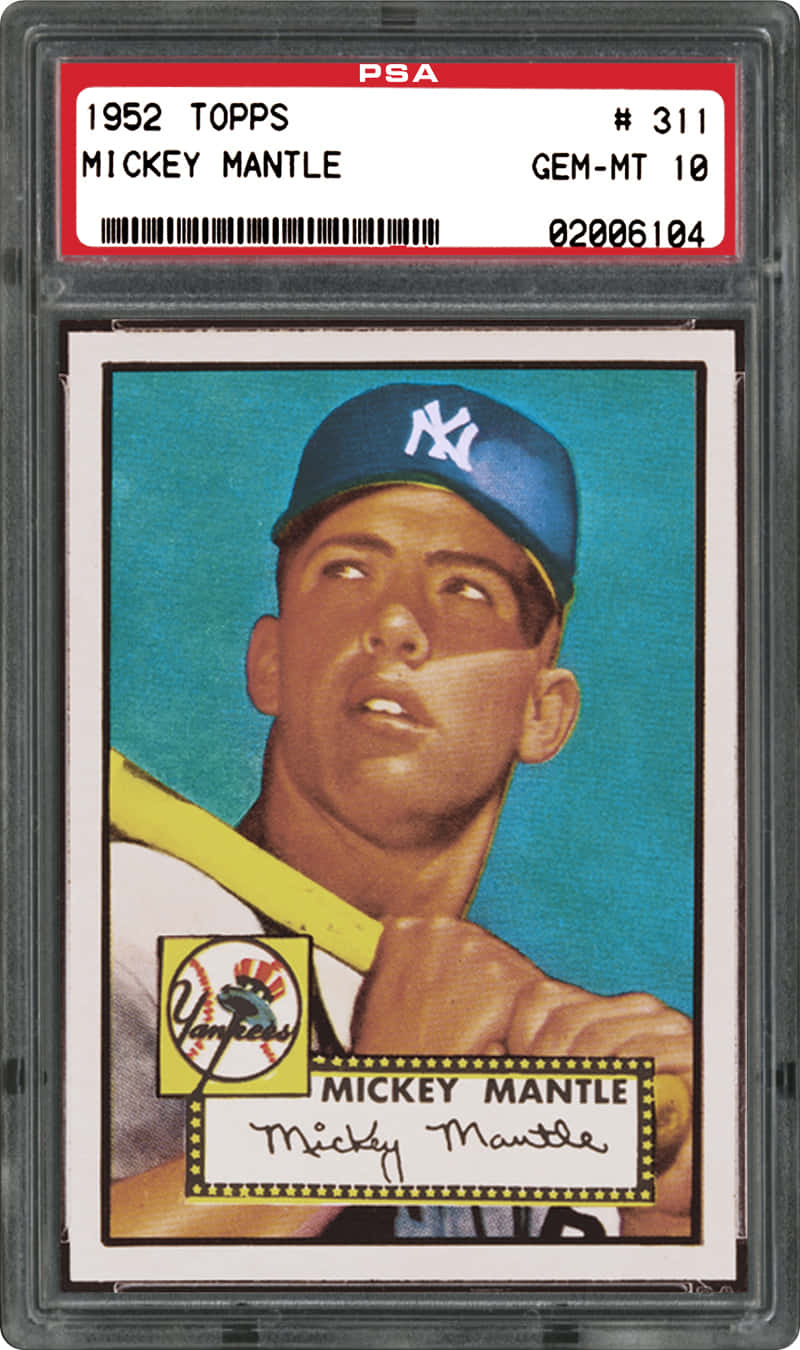 Baseball Cards 桌布 壁紙 — 一張1952年Topps Mickey Mantle棒球卡，評級為PSA Gem-MT 10，置於保護殼中，色彩鮮豔，細節銳利。