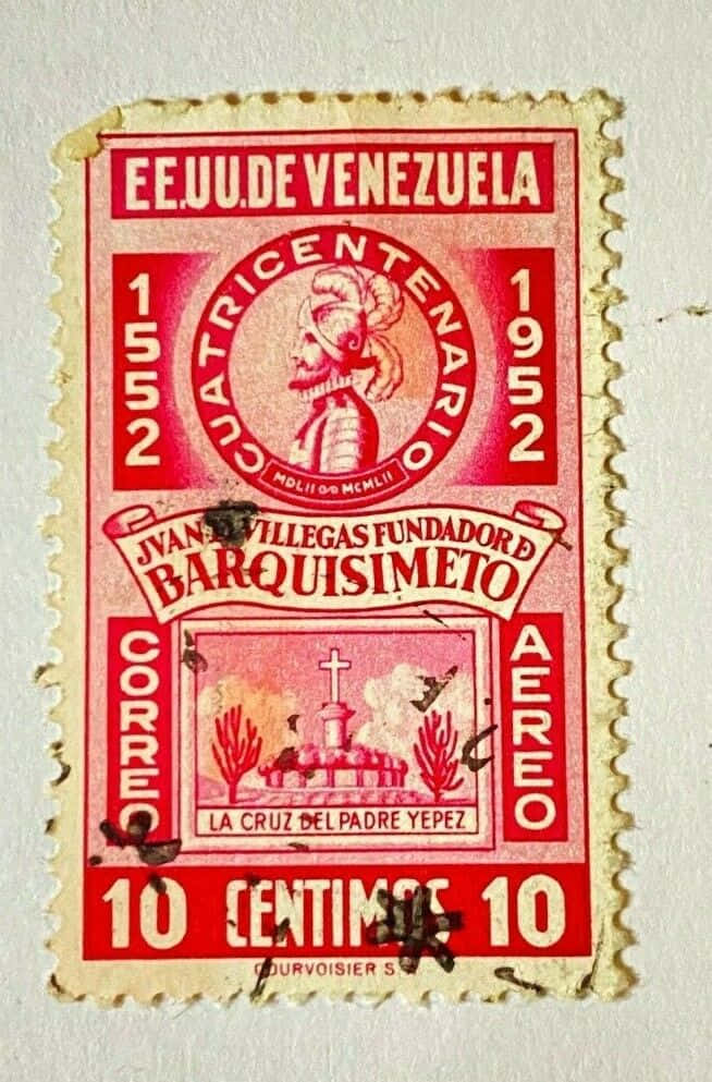 Stamp 桌布 壁紙 — 一張1952年復古紅色委內瑞拉郵票，紀念巴基西梅托建城400週年，帶有肖像和教堂場景。