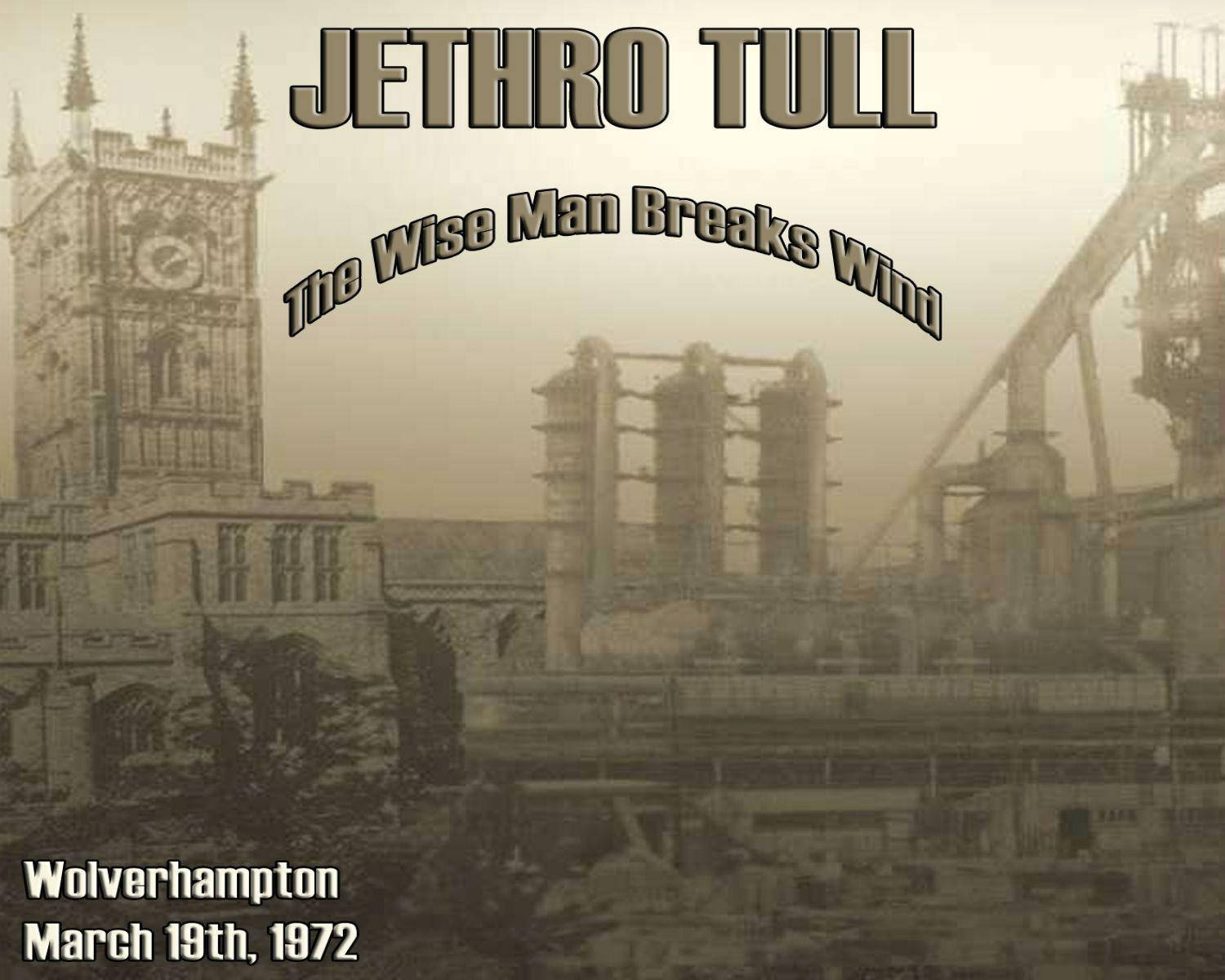 rock and roll 桌布 壁紙 — 一張1972年伍爾弗漢普頓Jethro Tull的棕褐色調音樂會海報，將哥德式鐘樓與工業煙囪並置在朦朧的天空下。
