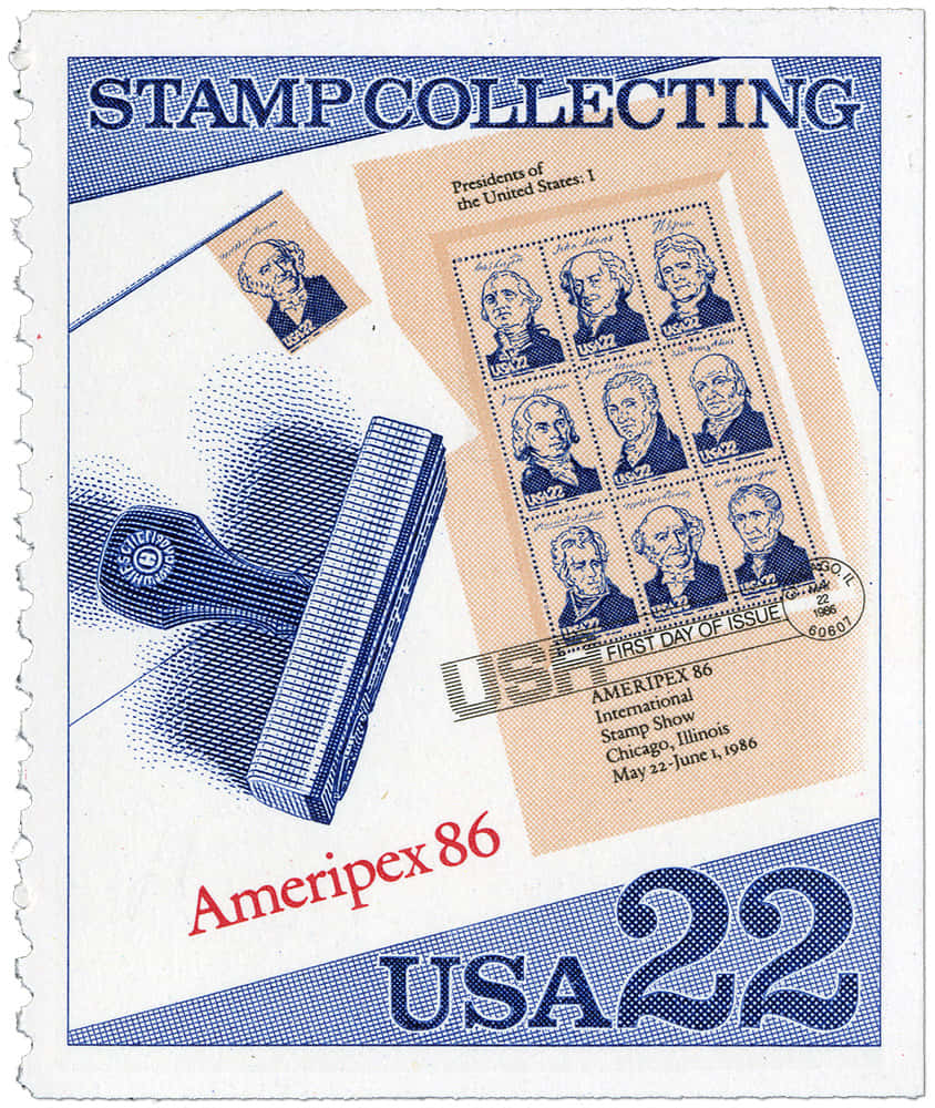 Stamp 桌布 壁紙 — 一張1986年復古美國郵票紙， featuring 美國總統，附有穿孔郵票收藏小冊子和 'Ameripex 86' 品牌標誌。