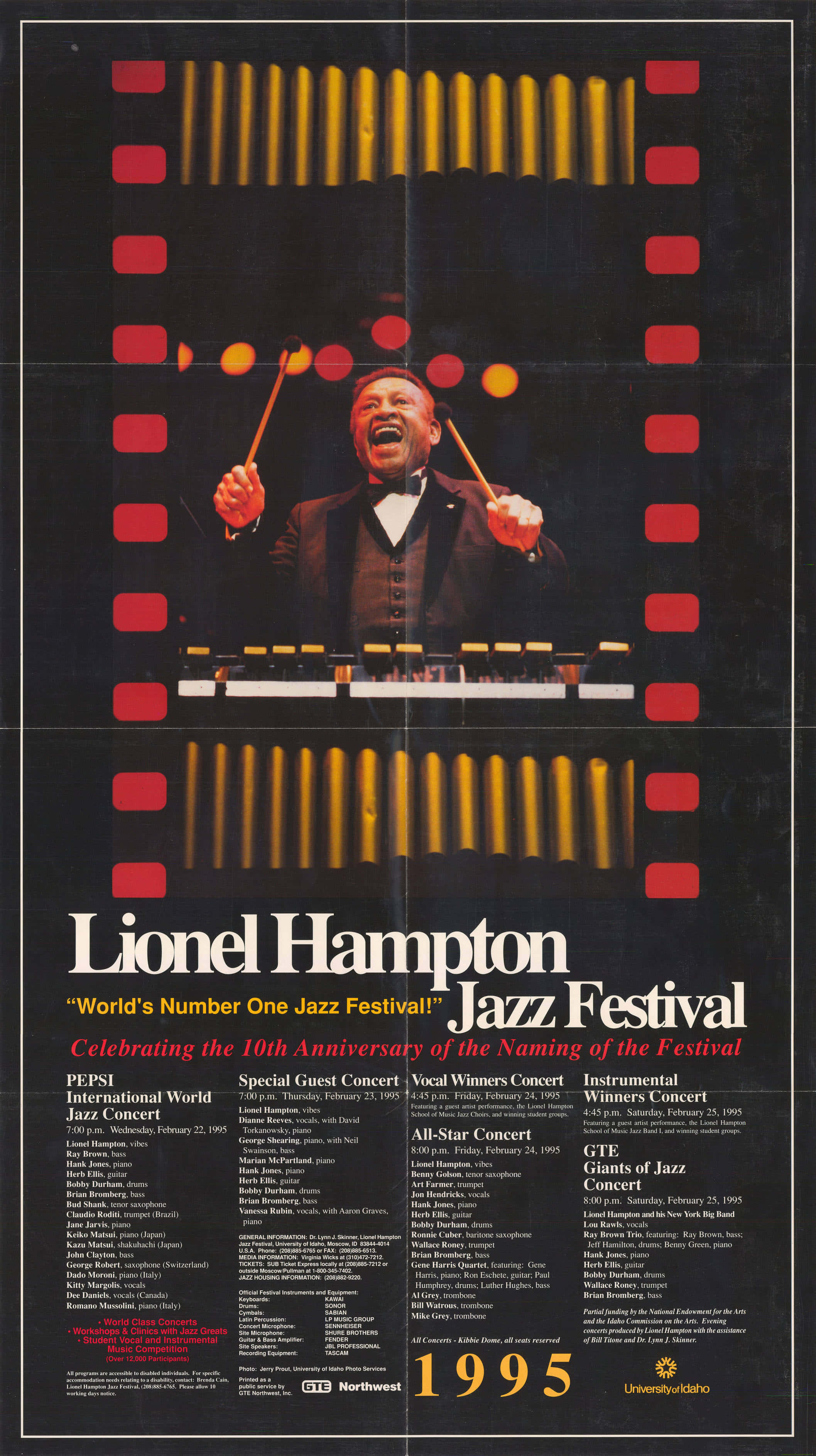 show 桌布 壁紙 — 一張1995年復古爵士音樂節海報，Lionel Hampton在紅黃燈光下充滿活力地演奏顫音琴。