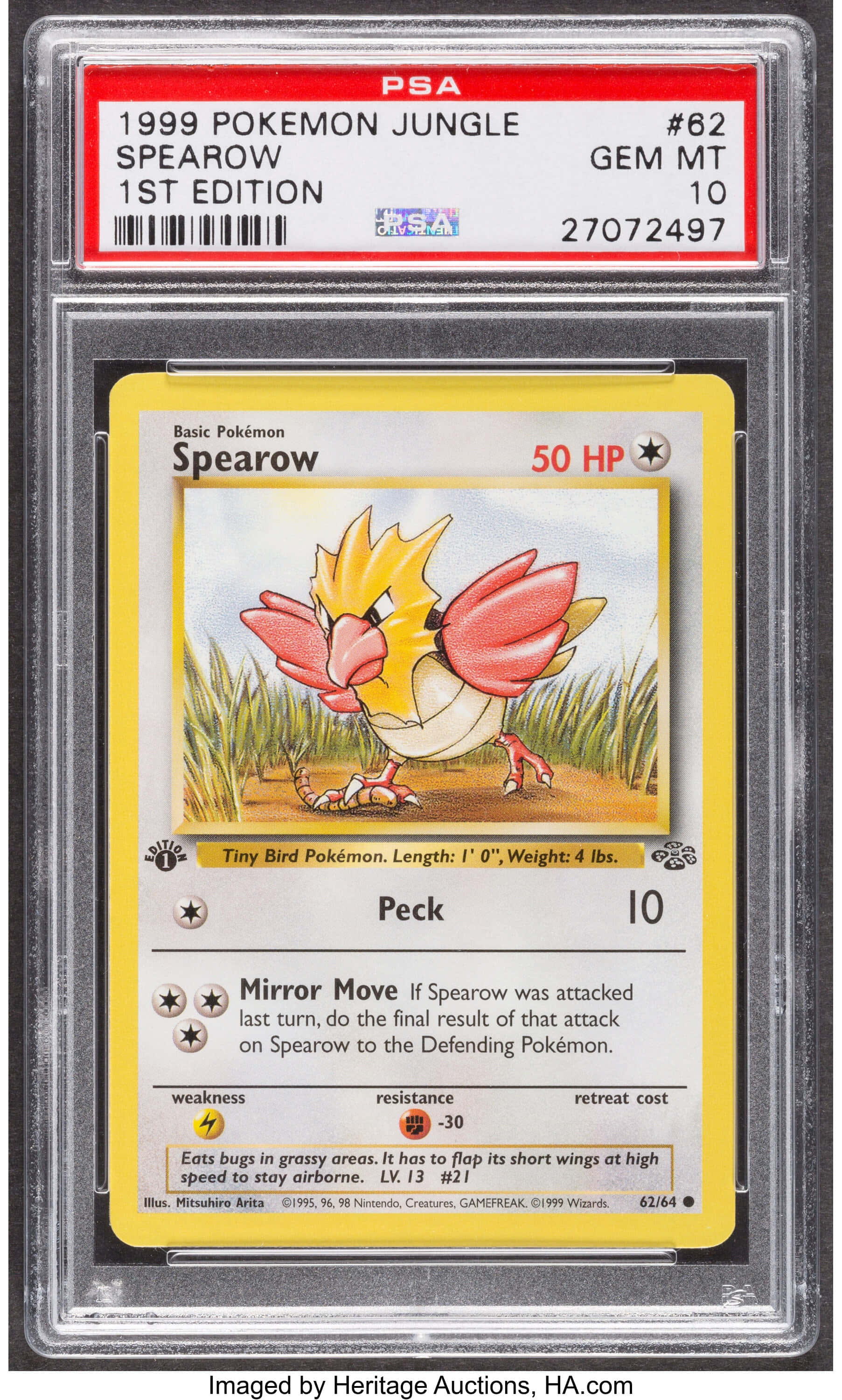 Spearow 桌布 壁紙 — 一張1999年寶可夢叢林烈雀卡，裝在PSA Gem Mint 10評級保護殼中，帶有草地上鳥類寶可夢的鮮豔藝術作品。