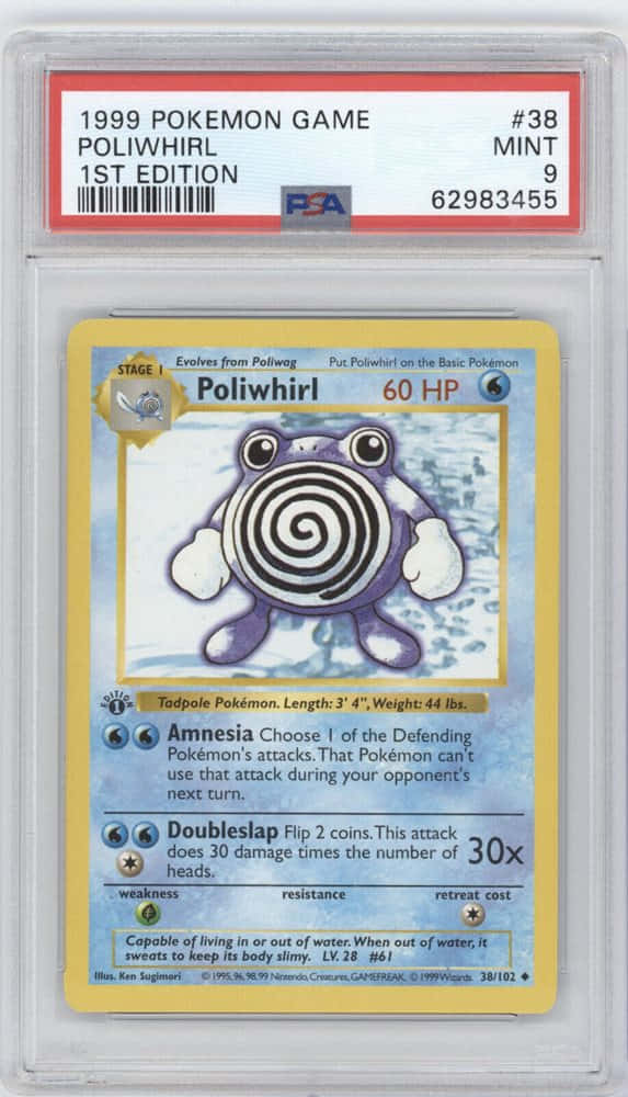 寶可夢 桌布 壁紙 — 一張1999年第一版的Poliwhirl Pokémon卡，裝在PSA評級mint 9的保護殼中。