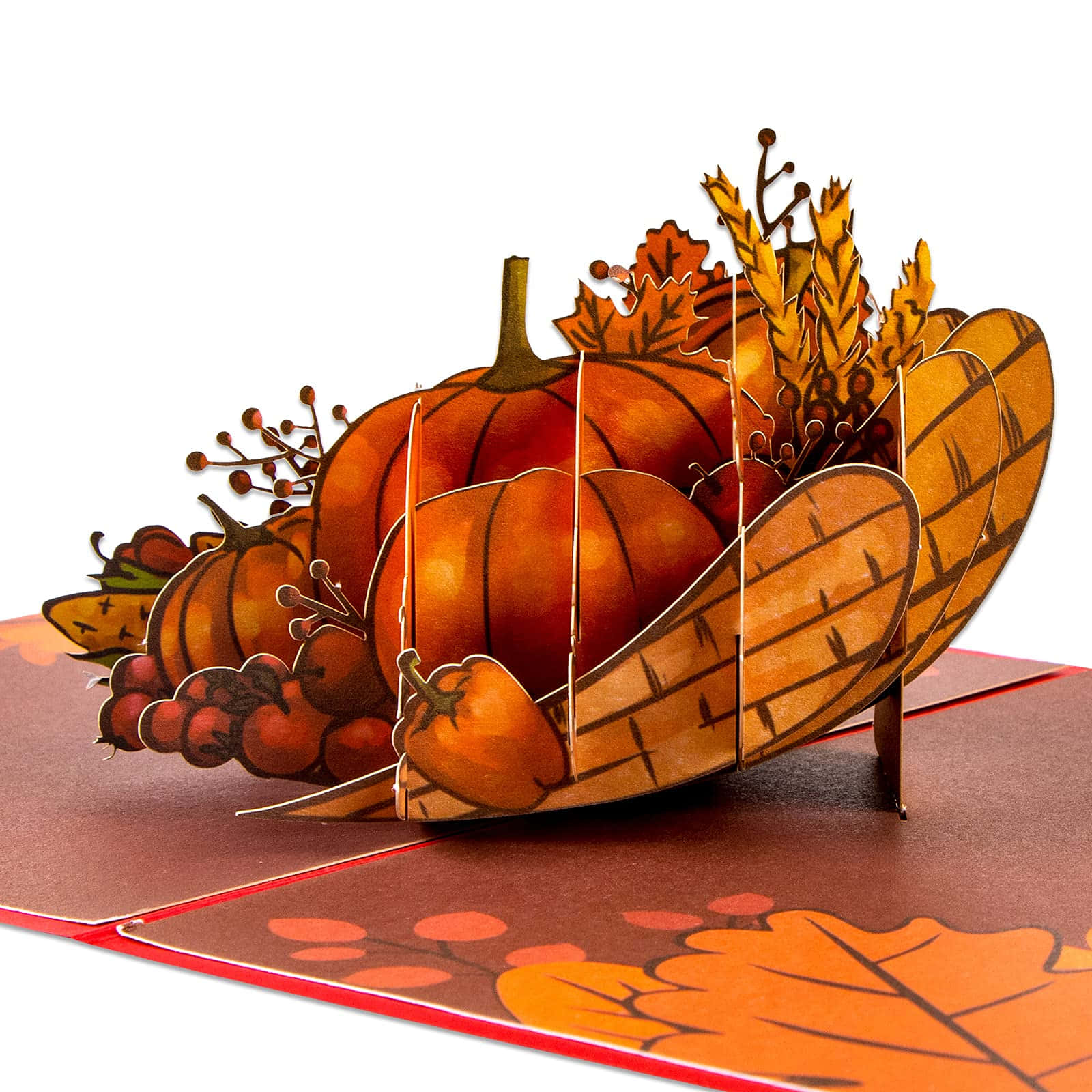 Fall Cornucopia 桌布 壁紙 — 一張3D立體彈出卡片，在白色背景的籃子裡擺放著南瓜、葡萄和秋葉。