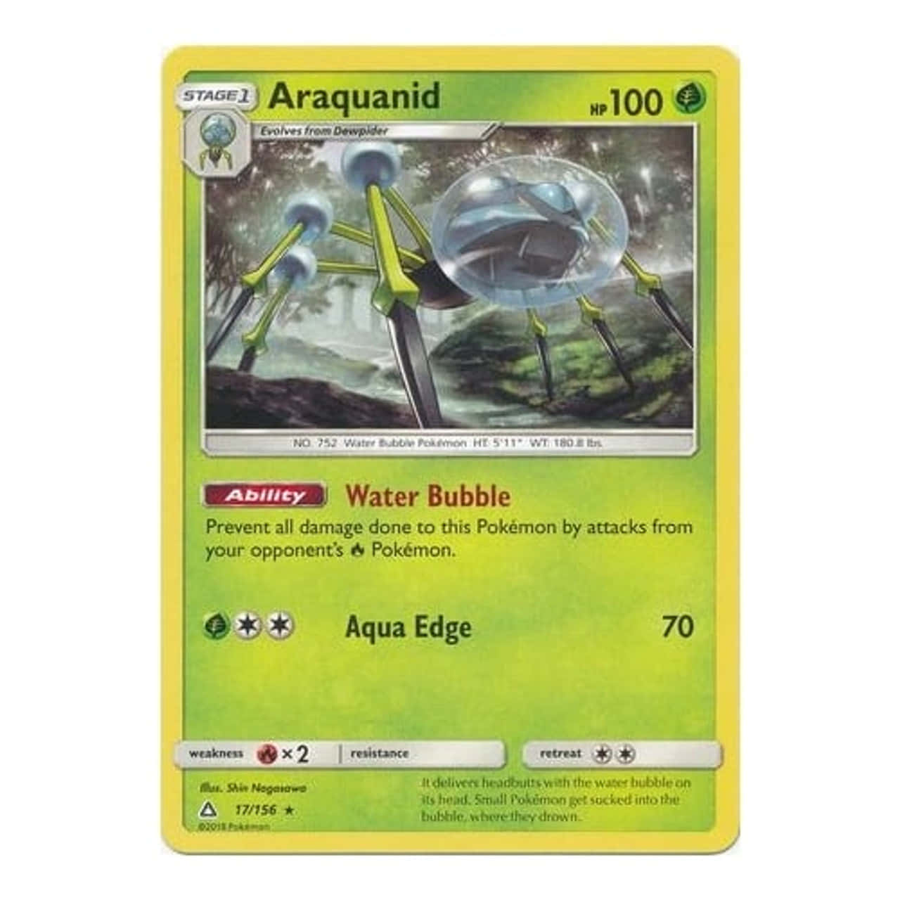 寶可夢 桌布 壁紙 — 一張Araquanid寶可夢卡，展示一隻綠色蜘蛛狀生物，頭上有水泡，在森林環境中。