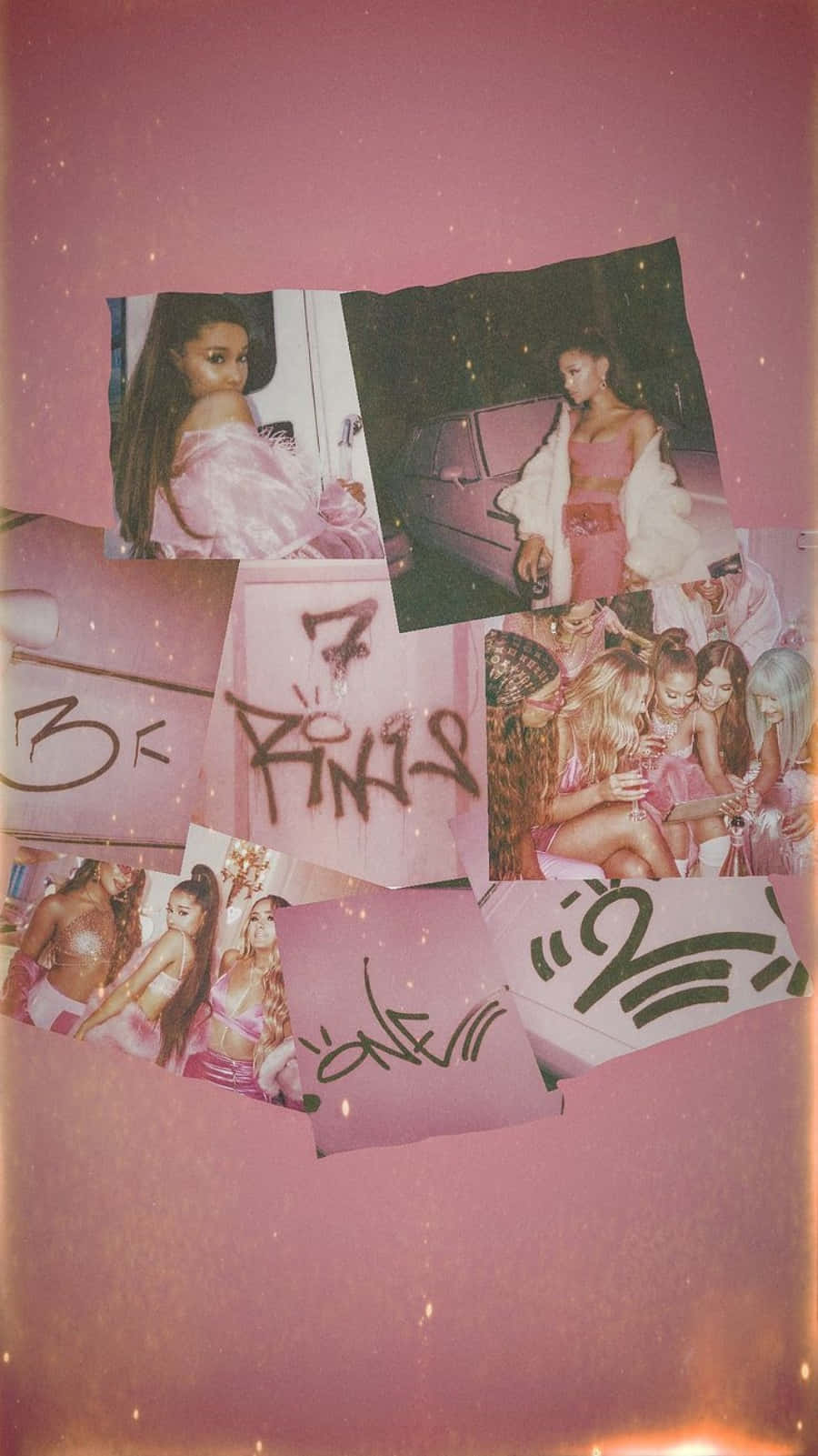 Ariana Grande 7 Rings 桌布 壁紙 — 一張Ariana Grande身穿粉紅色服裝的照片拼貼，散落在帶有塗鴉和閃光的發光粉紅色背景上。