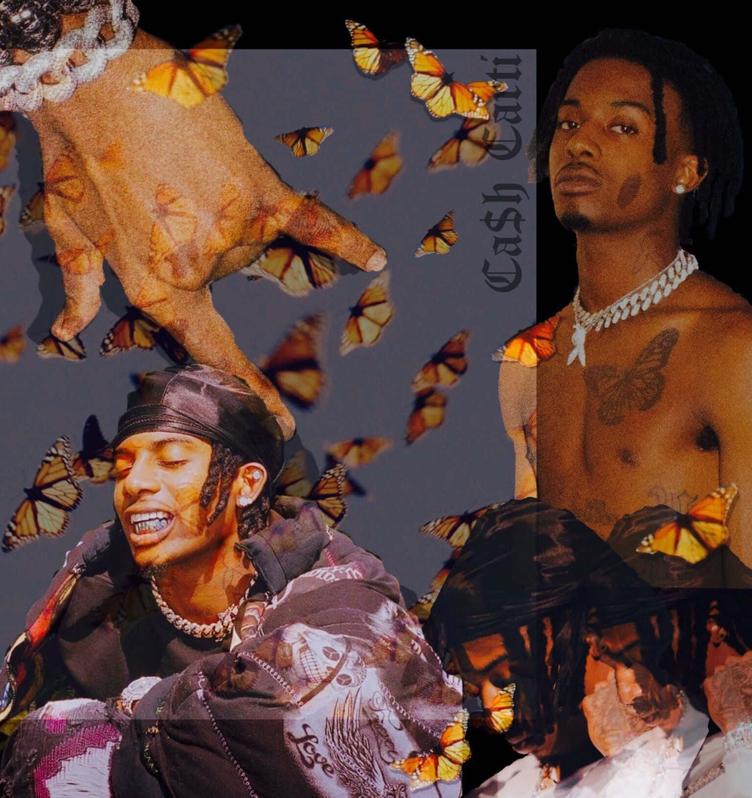 Aesthetic Rapper 桌布 壁紙 — 一張Cash Carty的拼貼畫，帝王蝶在他的圖像周圍盤旋，背景為柔和的灰色。