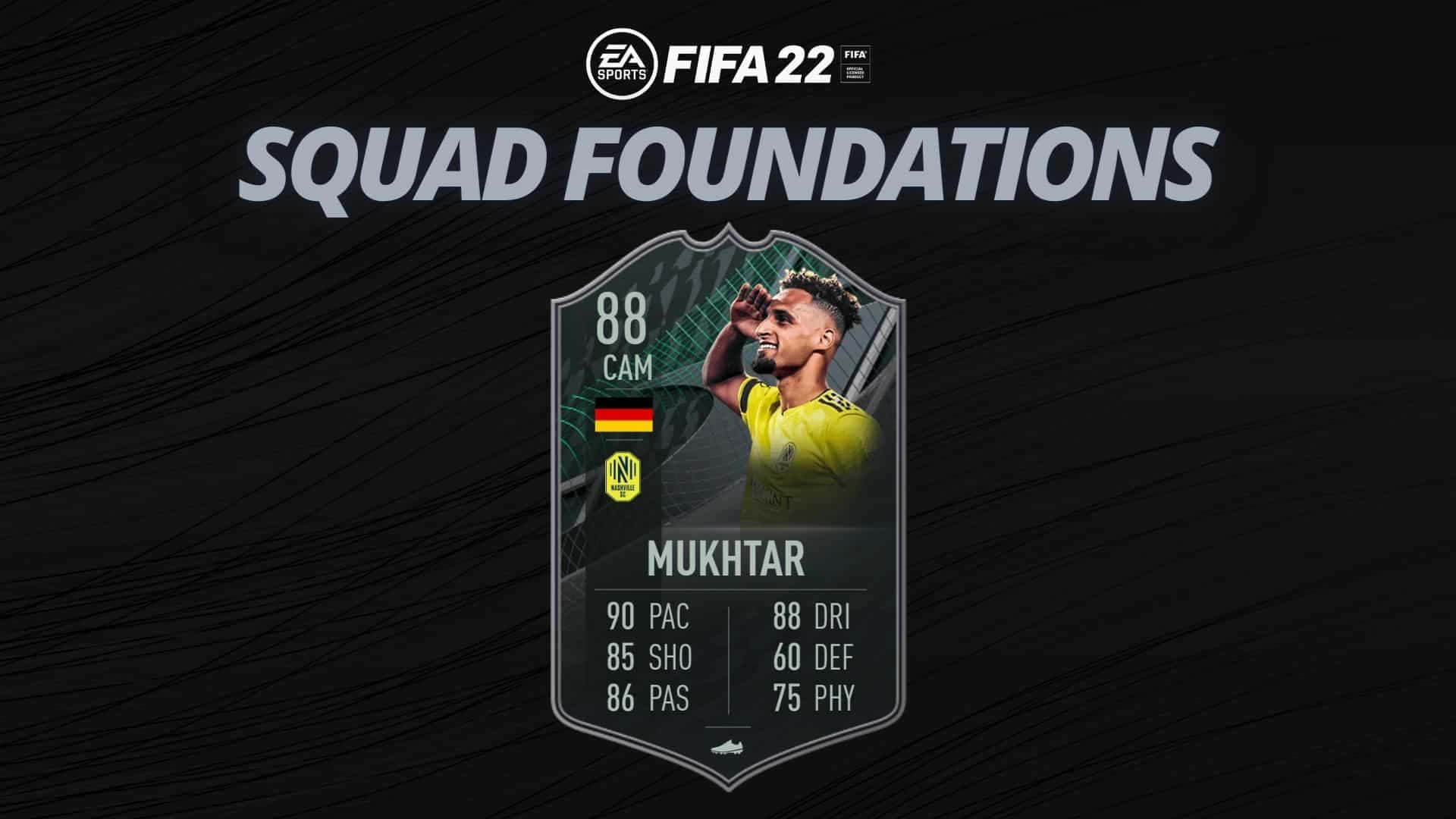 足球 桌布 壁紙 — 一張FIFA 22 Squad Foundations球員卡，展示身穿黃色球衣的Mukhtar，背景為深色紋理。