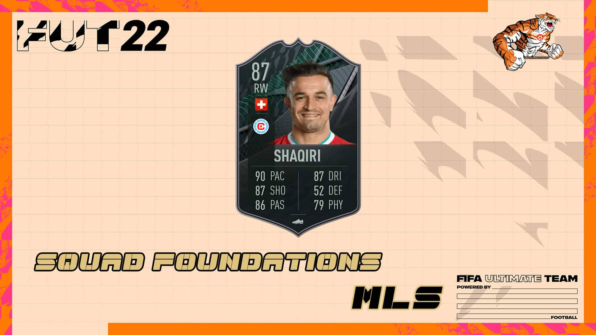 足球 桌布 壁紙 — 一張FIFA Ultimate Team卡， featuring Xherdan Shaqiri，附有統計數據和MLS品牌，網格背景上有老虎吉祥物。