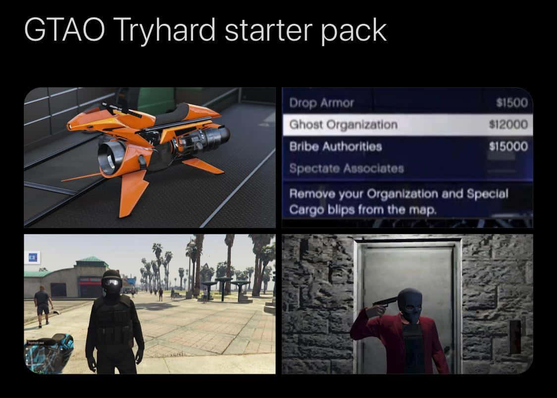 Gta Tryhard 桌布 壁紙 — 一張GTA Online迷因拼貼圖，展示橙色噴射機車、帶有「幽靈組織」選項的選單、城市街道上的蒙面角色，以及一名蒙面男子瞄準槍支。