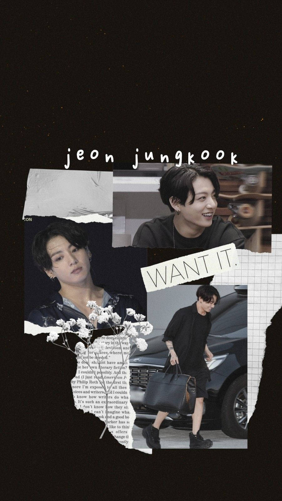 Bts Aesthetic 桌布 壁紙 — 一張Jeon Jungkook照片的拼貼畫，帶有撕紙效果和黑色背景上的文字「WANT IT。」