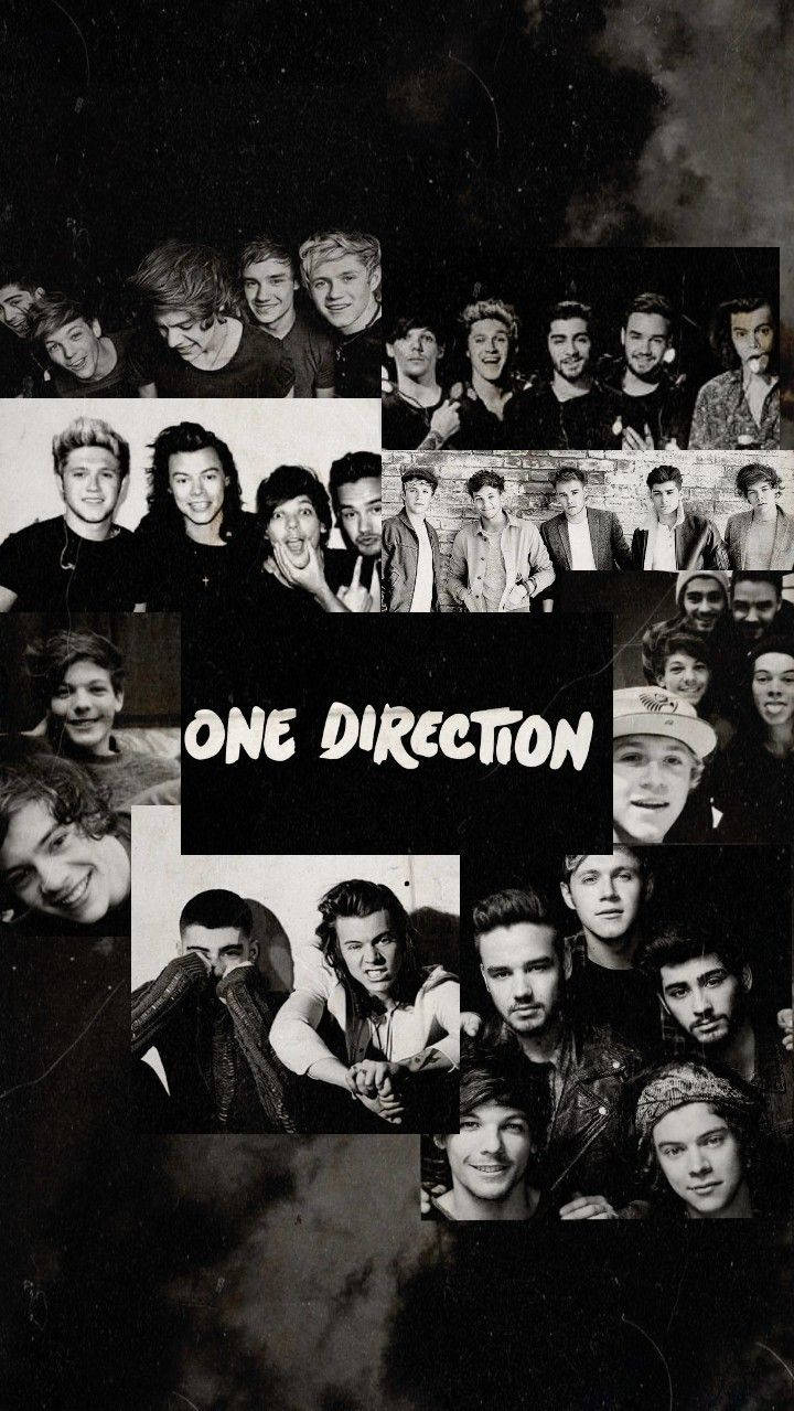 One Direction Aesthetic 桌布 壁紙 — 一張One Direction樂團成員各種自然姿勢的黑白拼貼畫，樂團名稱居中。