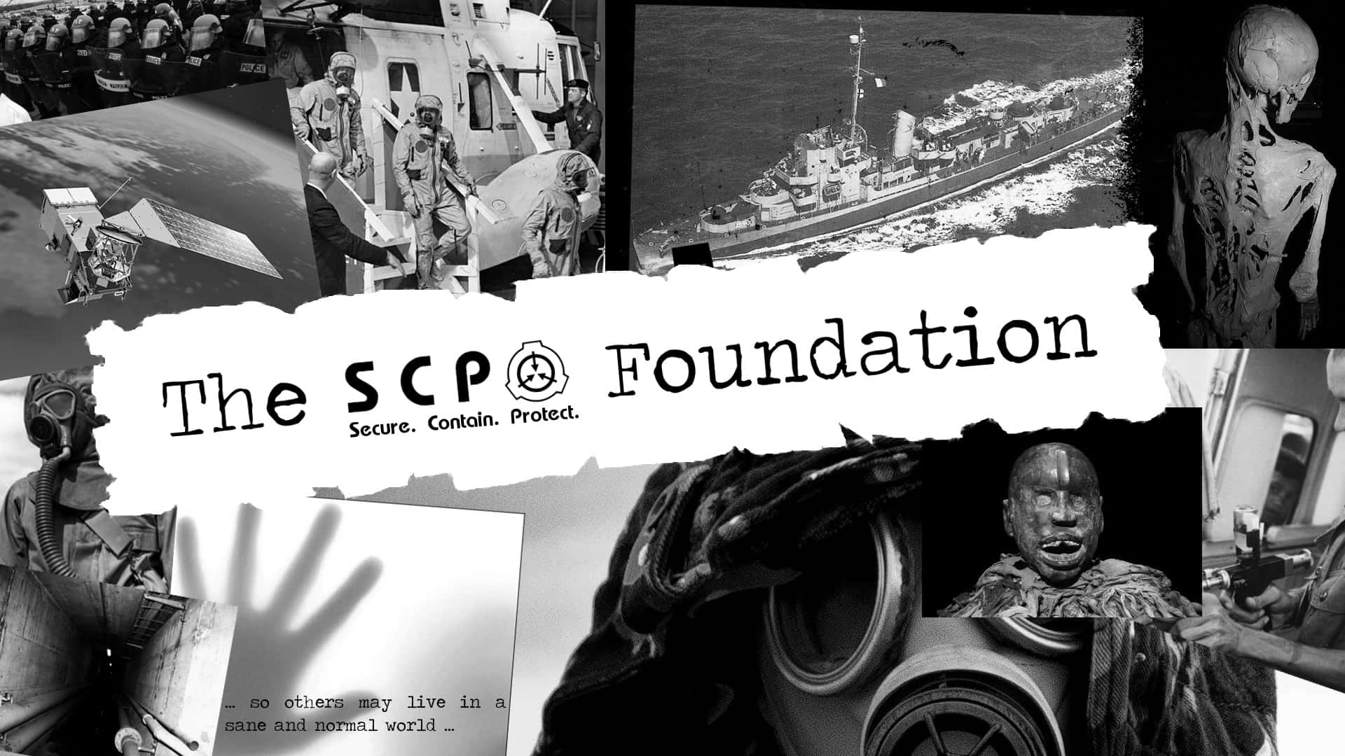 SCP 桌布 壁紙 — 一張SCP基金會圖像的黑白拼貼畫，描繪了收容突破、異常實體和穿著防護服的軍事人員。