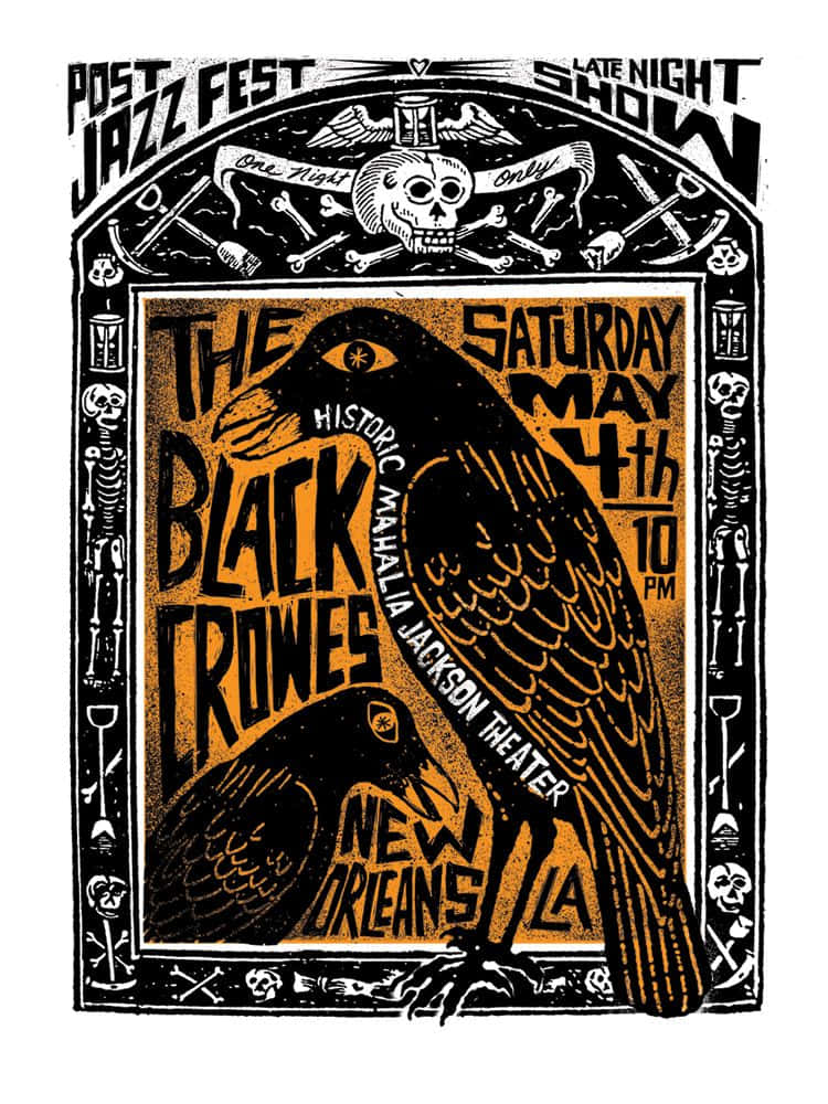 Black Crowes 桌布 壁紙 — 一張The Black Crowes爵士音樂節演出的復古海報，展示兩隻烏鴉在紋理橙色背景上，由頭骨和骨頭框住。