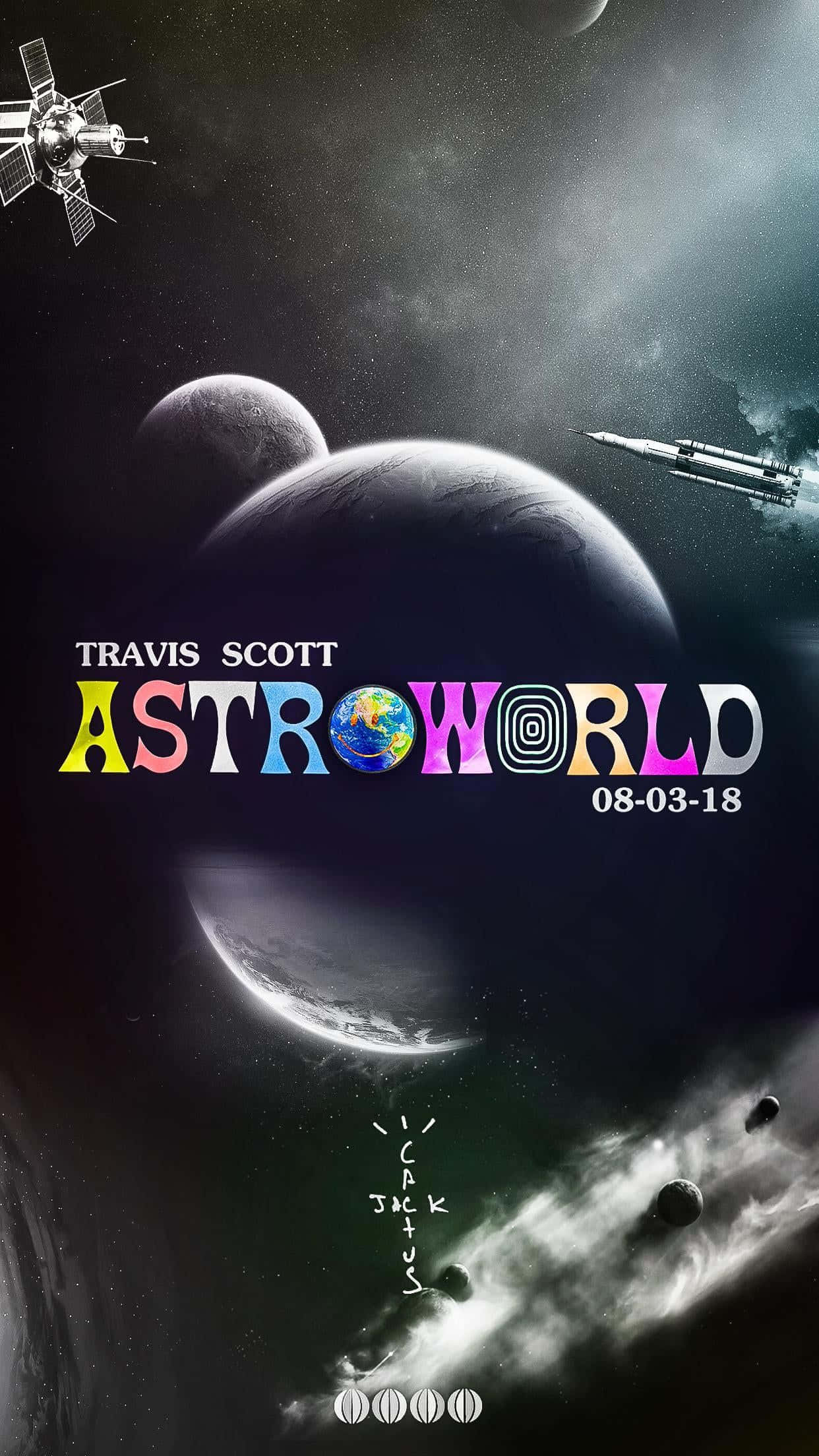 Astroworld 桌布 壁紙 — 一張Travis Scott的Astroworld宇宙海報，以星空太空背景為襯，展示行星、火箭和衛星。
