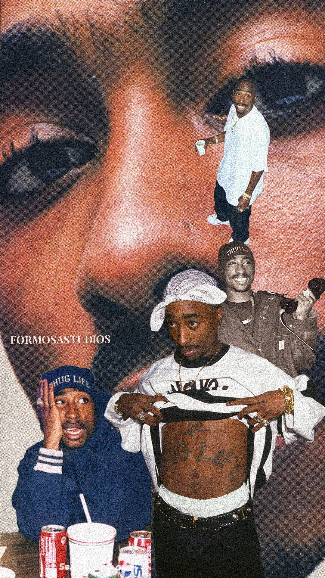 90s Rapper 桌布 壁紙 — 一張Tupac Shakur不同姿勢的拼貼畫，疊加在他臉部的巨大特寫上，下方有汽水罐。