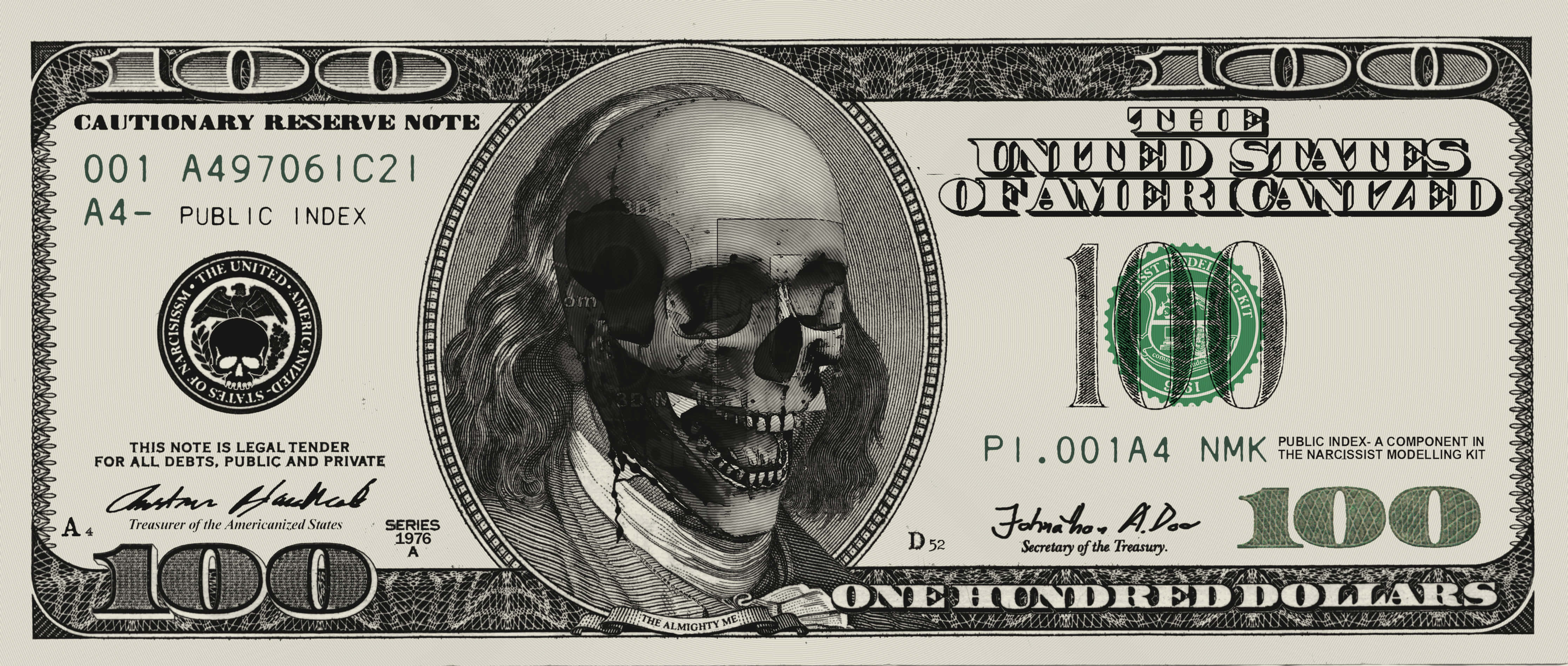 Money 桌布 壁紙 — 一張一百美元鈔票，班傑明·富蘭克林的肖像被替換成骷髏頭和交叉骨。