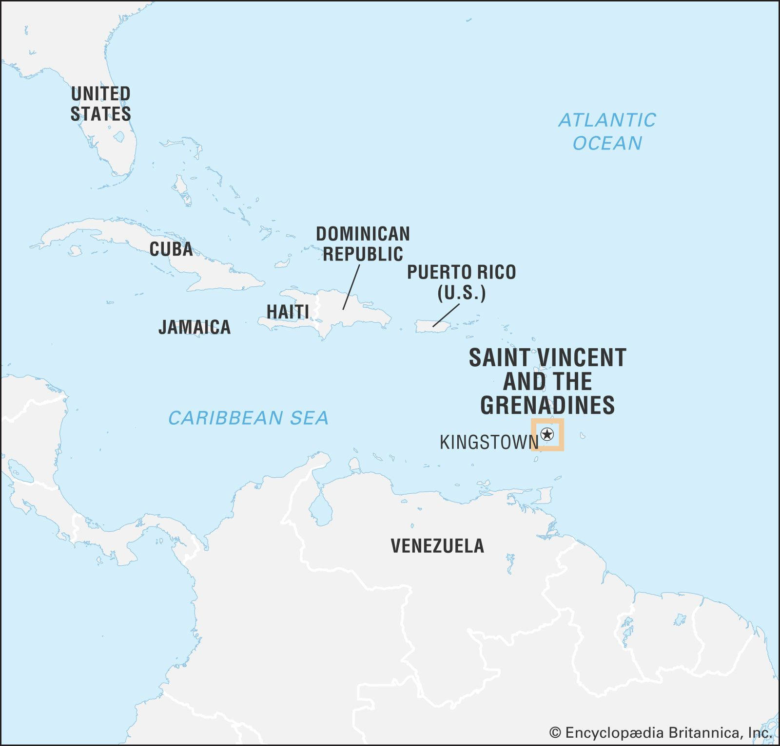 St Vincent And The Grenadines 桌布 壁紙 — 一張乾淨的政治地圖，突出顯示聖文森特和格林納丁斯，並在加勒比海標記了金斯敦。