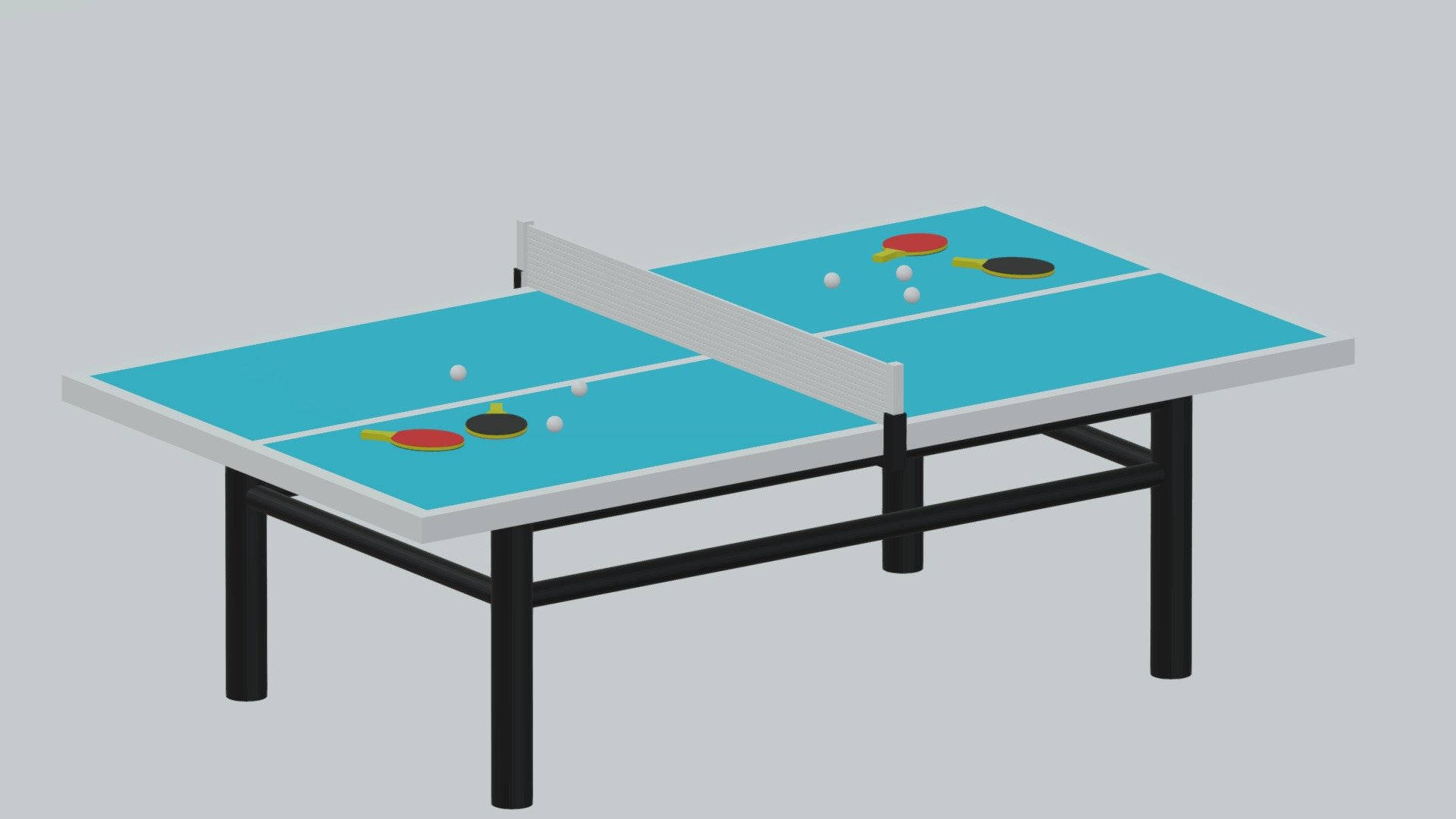 Table Tennis 桌布 壁紙 — 一張乾淨的藍色乒乓球桌，配有球拍和球，準備在純灰色背景上進行比賽。