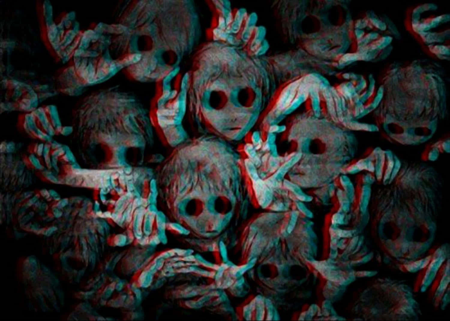 macabre 桌布 壁紙 — 一張令人不安的3D立體圖像，顯示眾多幽靈般的兒童面孔和手從黑暗中浮現，帶有紅色和青色邊緣。