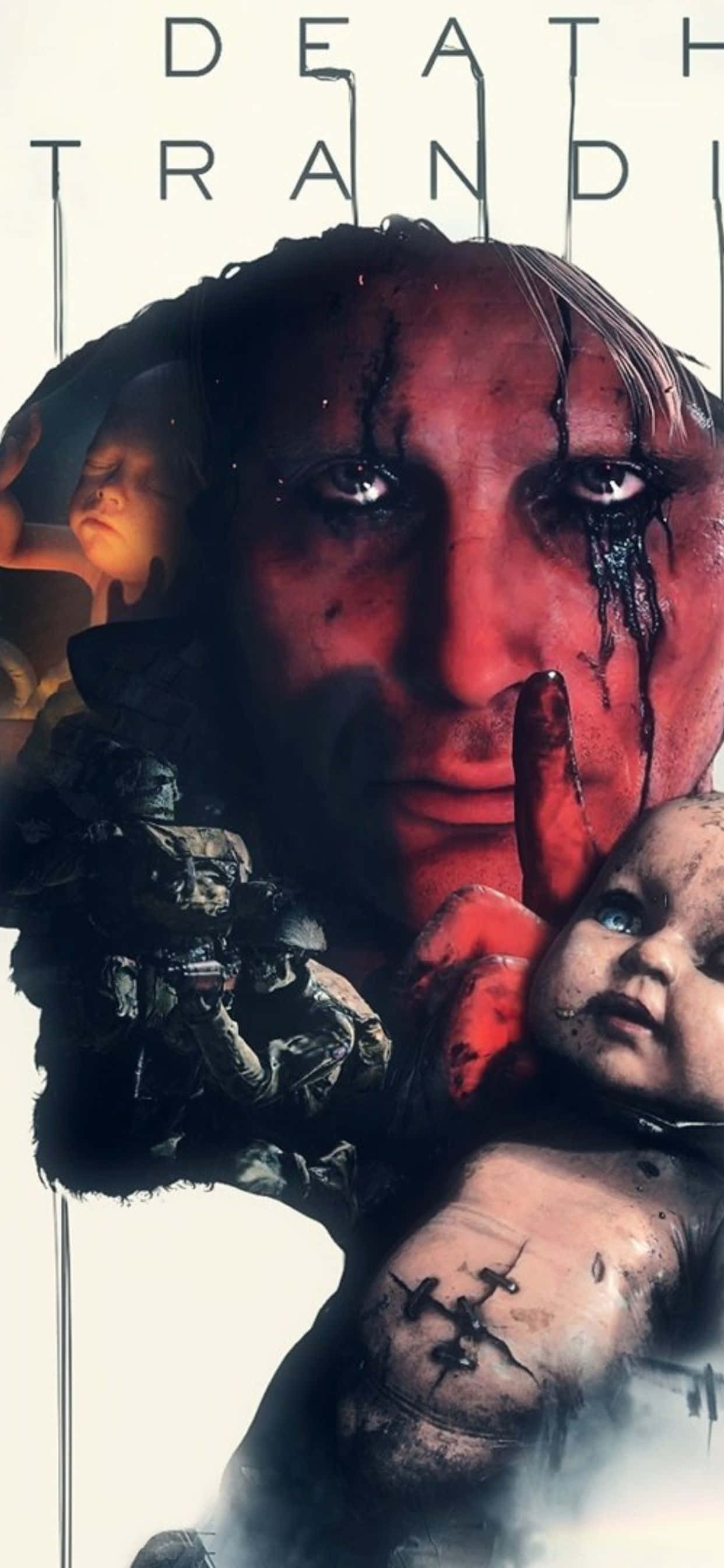 iPhone Xs Max Death Stranding 桌布 壁紙 — 一張令人不安的海報，呈現一個血跡斑斑的男人臉孔、一個娃娃和士兵，構圖陰暗。
