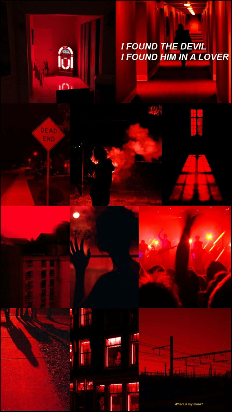 Red Cute Aesthetic 桌布 壁紙 — 一張令人不安的紅色調城市場景拼貼畫，包含剪影、霓虹燈和文字疊加，喚起神秘和危險的感覺。