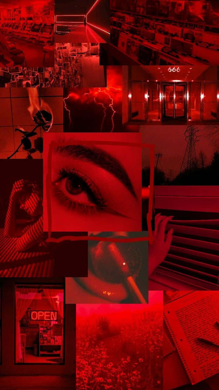 Alt 桌布 壁紙 — 一張令人不安的紅色調拼貼畫，包含詭異的城市場景、眼睛特寫，以及666和營業中標誌等不祥符號。
