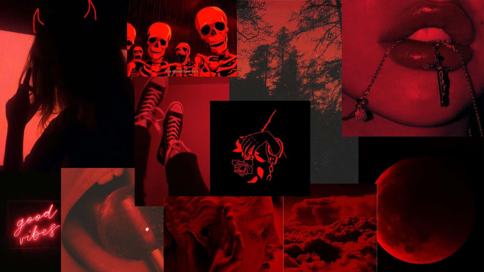 Red Collage 桌布 壁紙 — 一張令人不安的紅色調拼貼畫，包含骷髏、嘴唇、鎖鏈和血月，喚起哥德式恐怖。