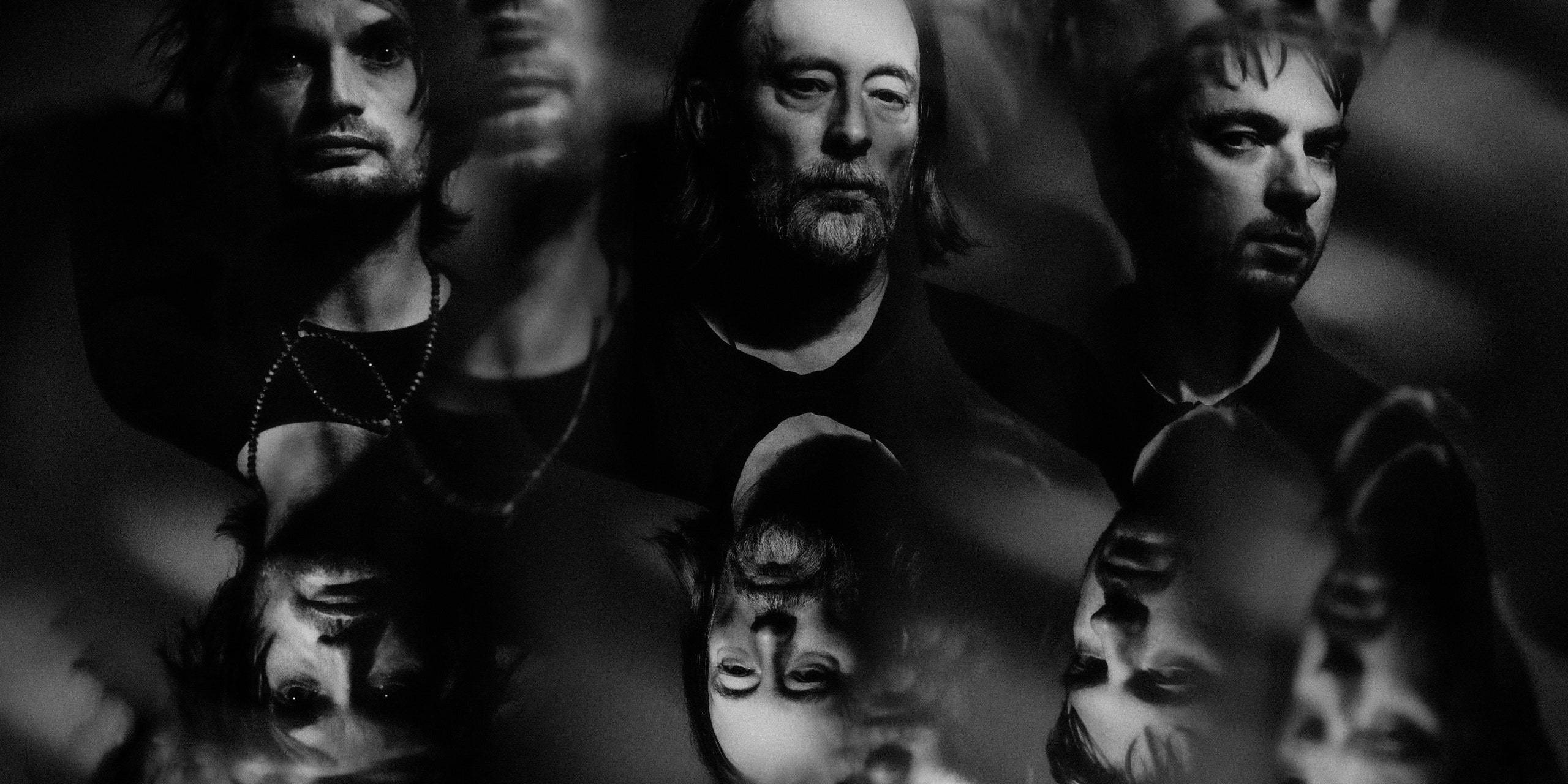 band 桌布 壁紙 — 一張令人不安的黑白拼貼畫，呈現扭曲的男性面孔，表情強烈，陰影深邃。