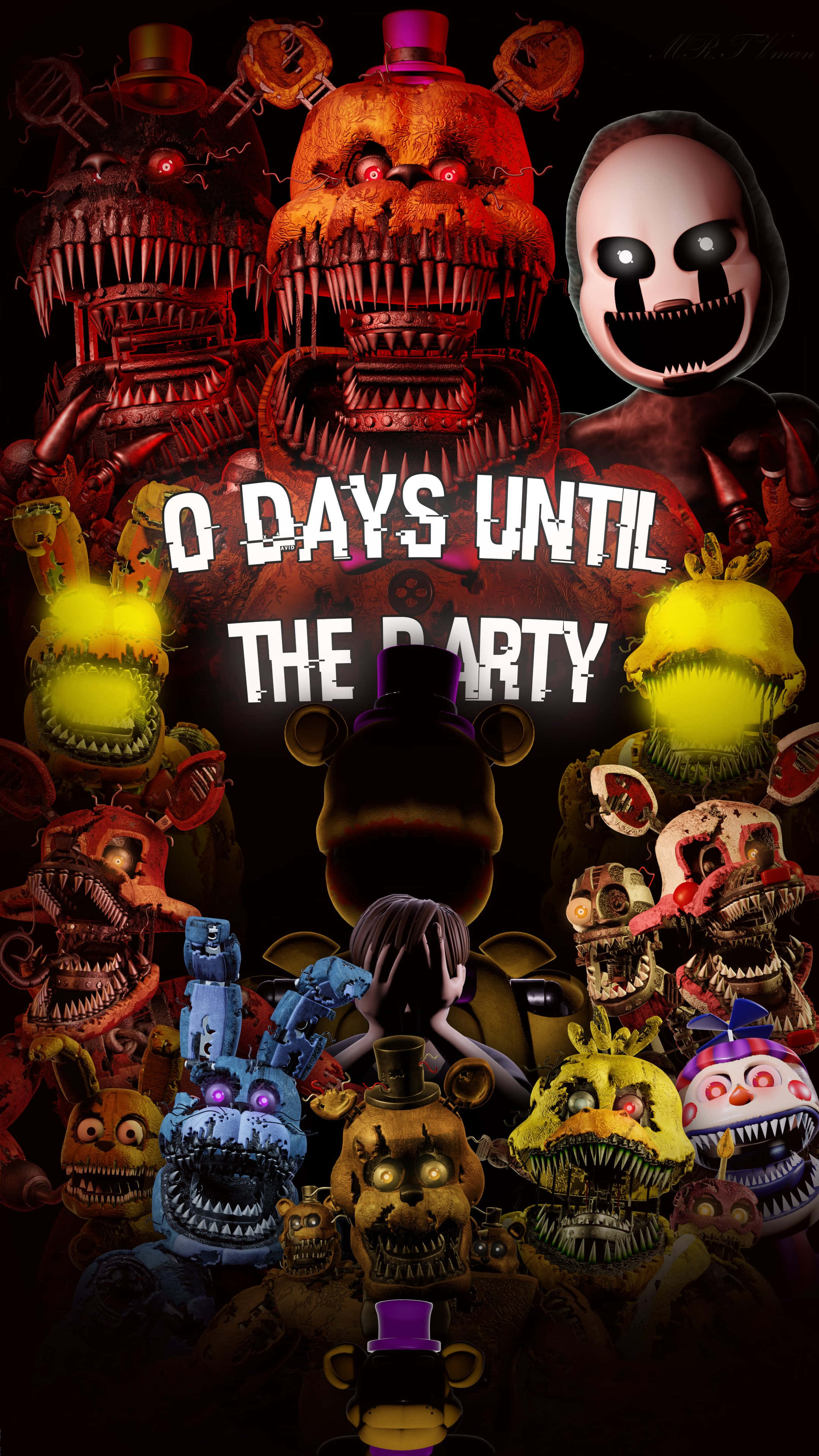 佛萊迪餐館之五夜驚魂 桌布 壁紙 — 一張令人恐懼的拼貼畫，描繪了Freddy Fazbear's Pizza的電子動畫角色，它們擁有發光的眼睛和鋒利的牙齒，圍繞著文字「距離派對還有0天」。